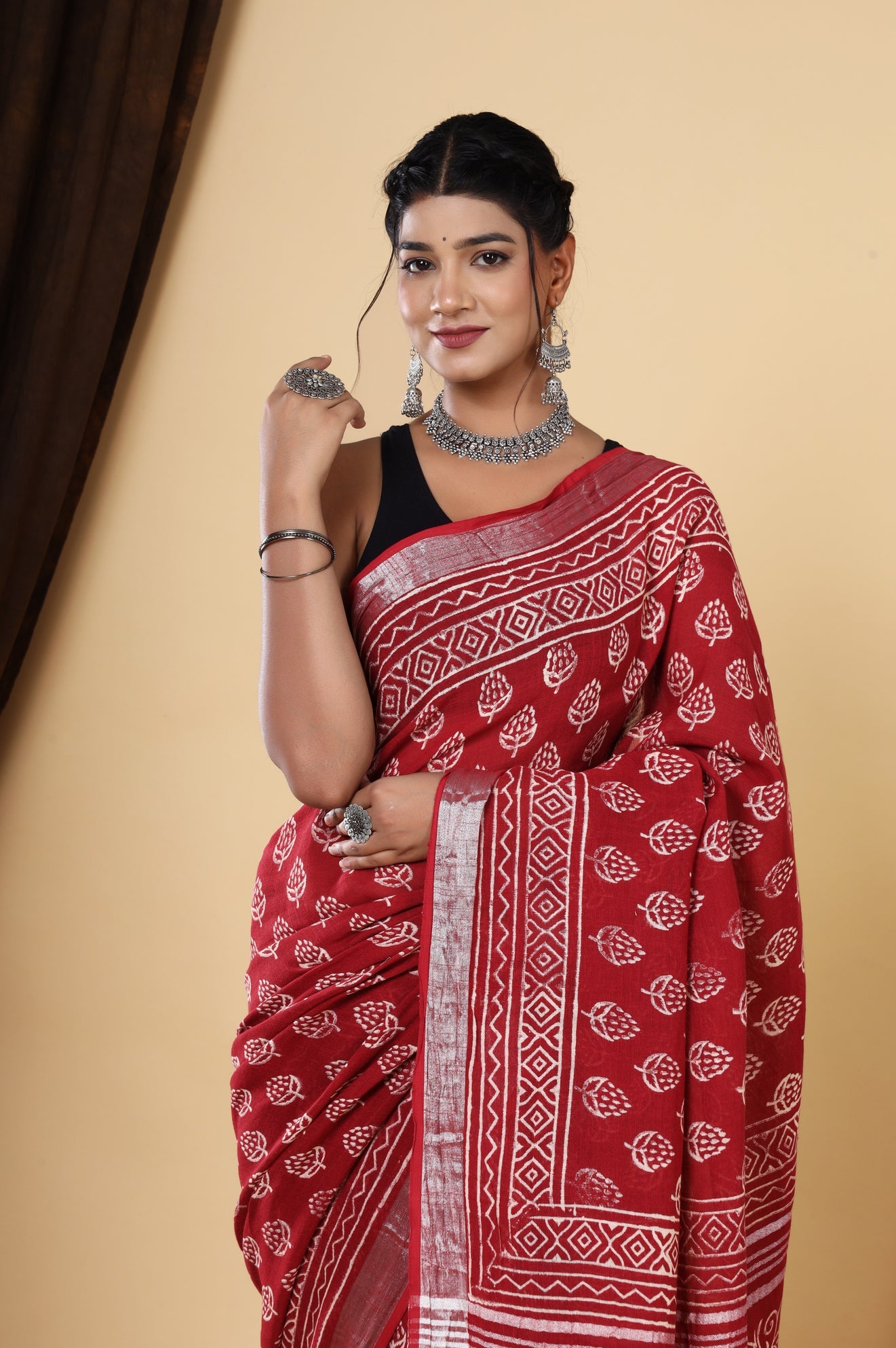 Red Hand Block Printed Linen Saree with Booti Design