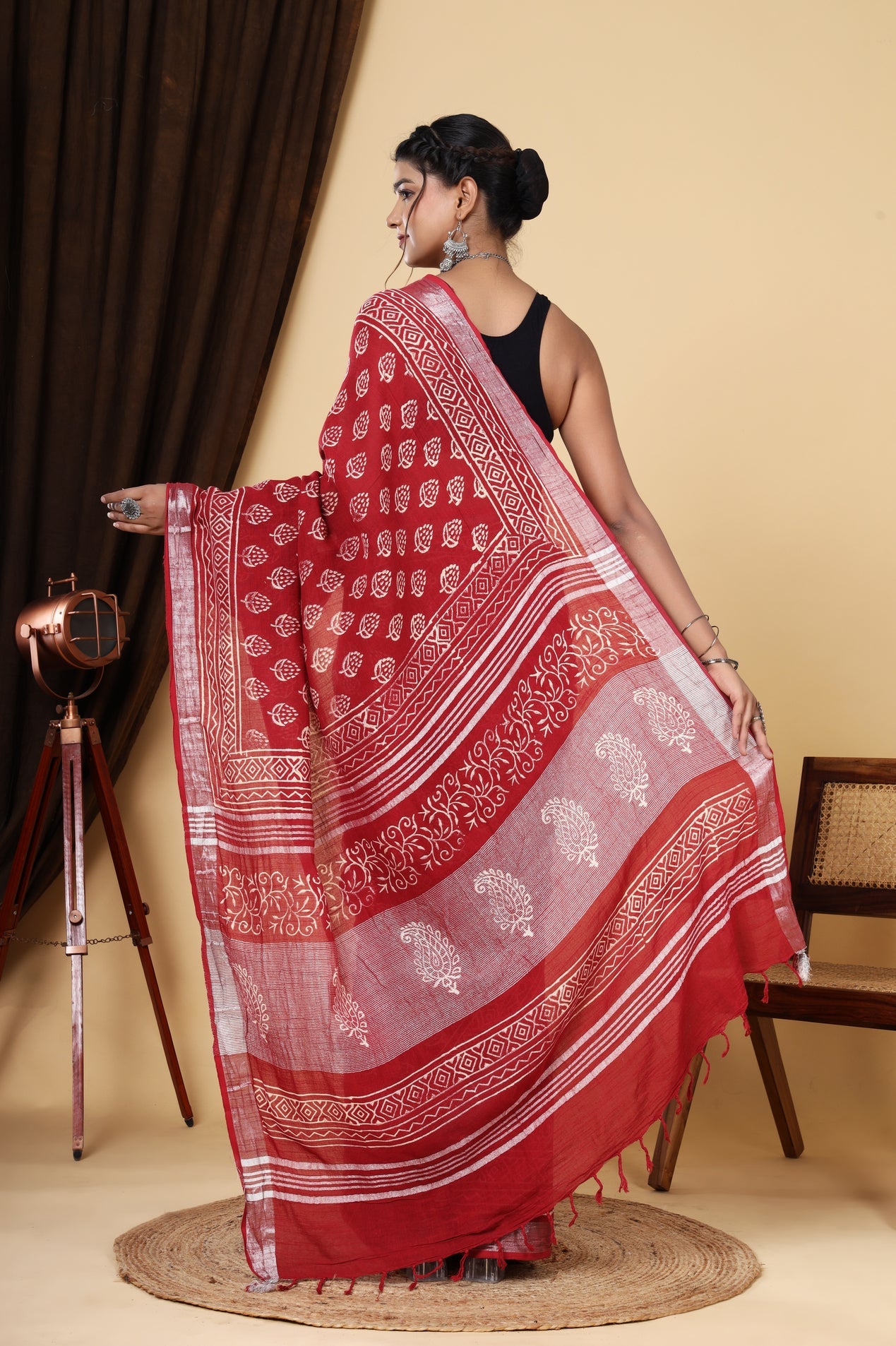 Red Hand Block Printed Linen Saree with Booti Design