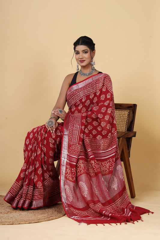 Red Hand Block Printed Linen Saree with Booti Design