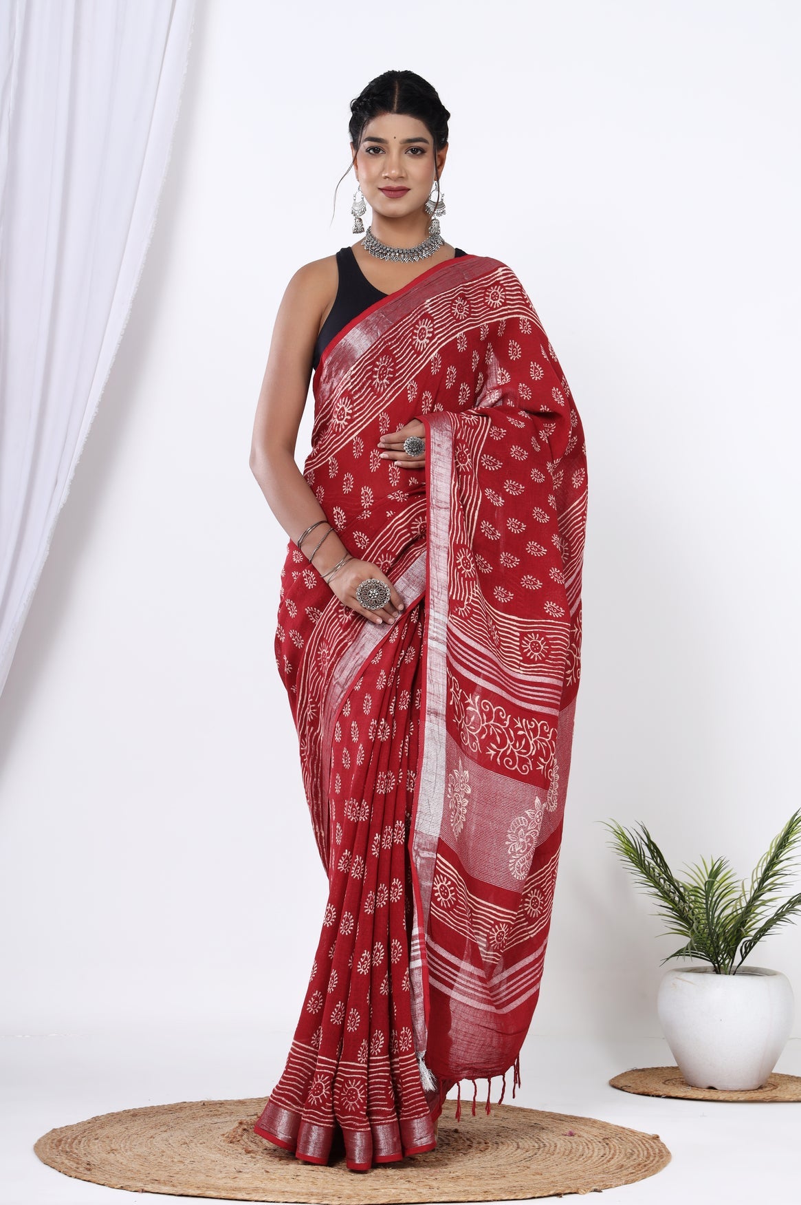 Red Linen Handblock Booti Discharge Print Saree