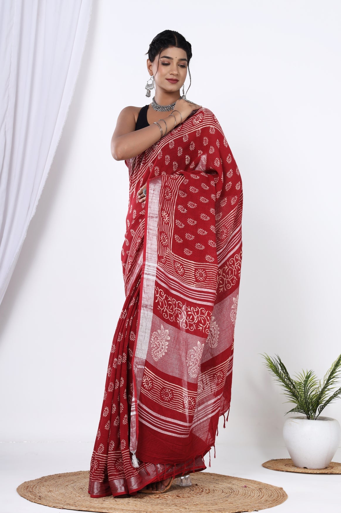 Red Linen Handblock Booti Discharge Print Saree