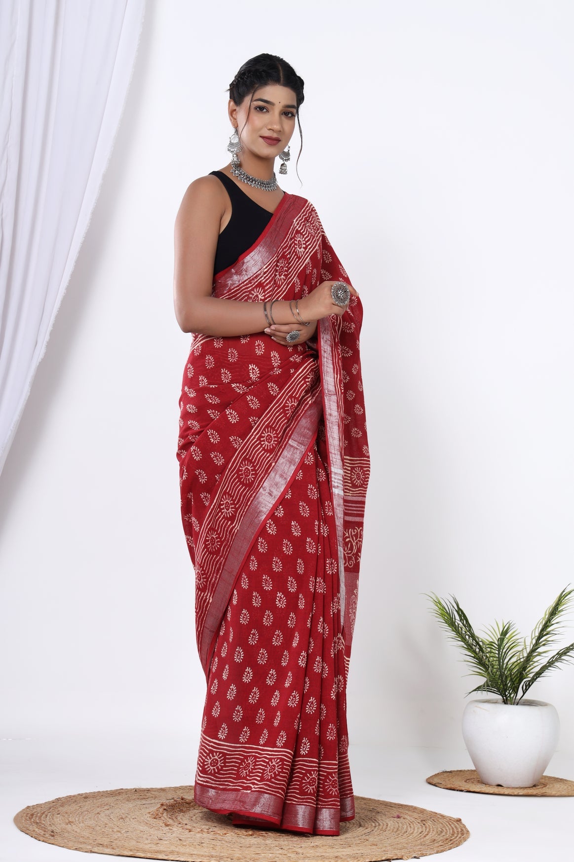 Red Linen Handblock Booti Discharge Print Saree