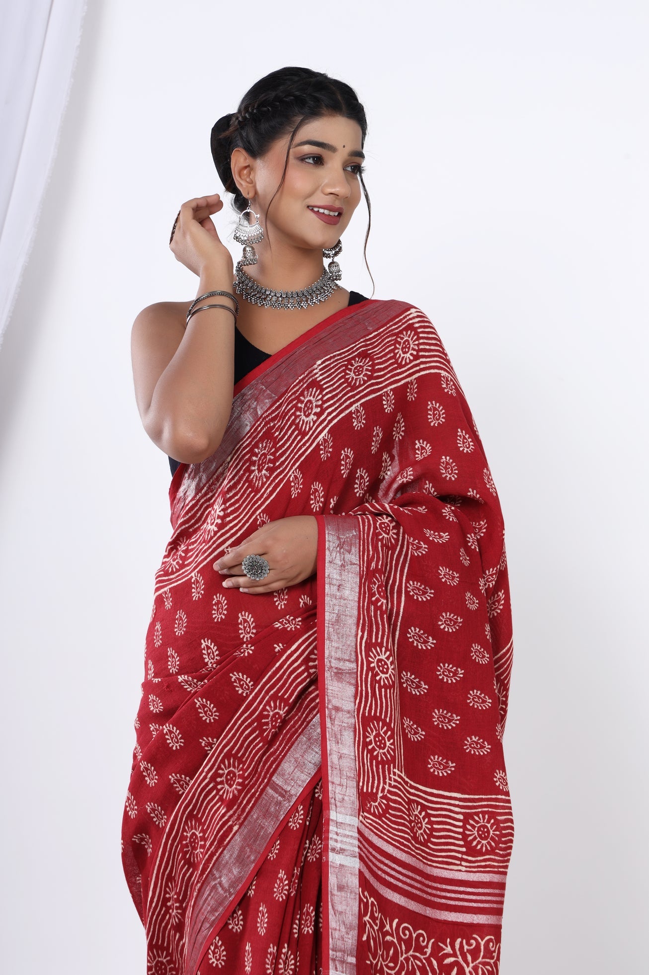 Red Linen Handblock Booti Discharge Print Saree