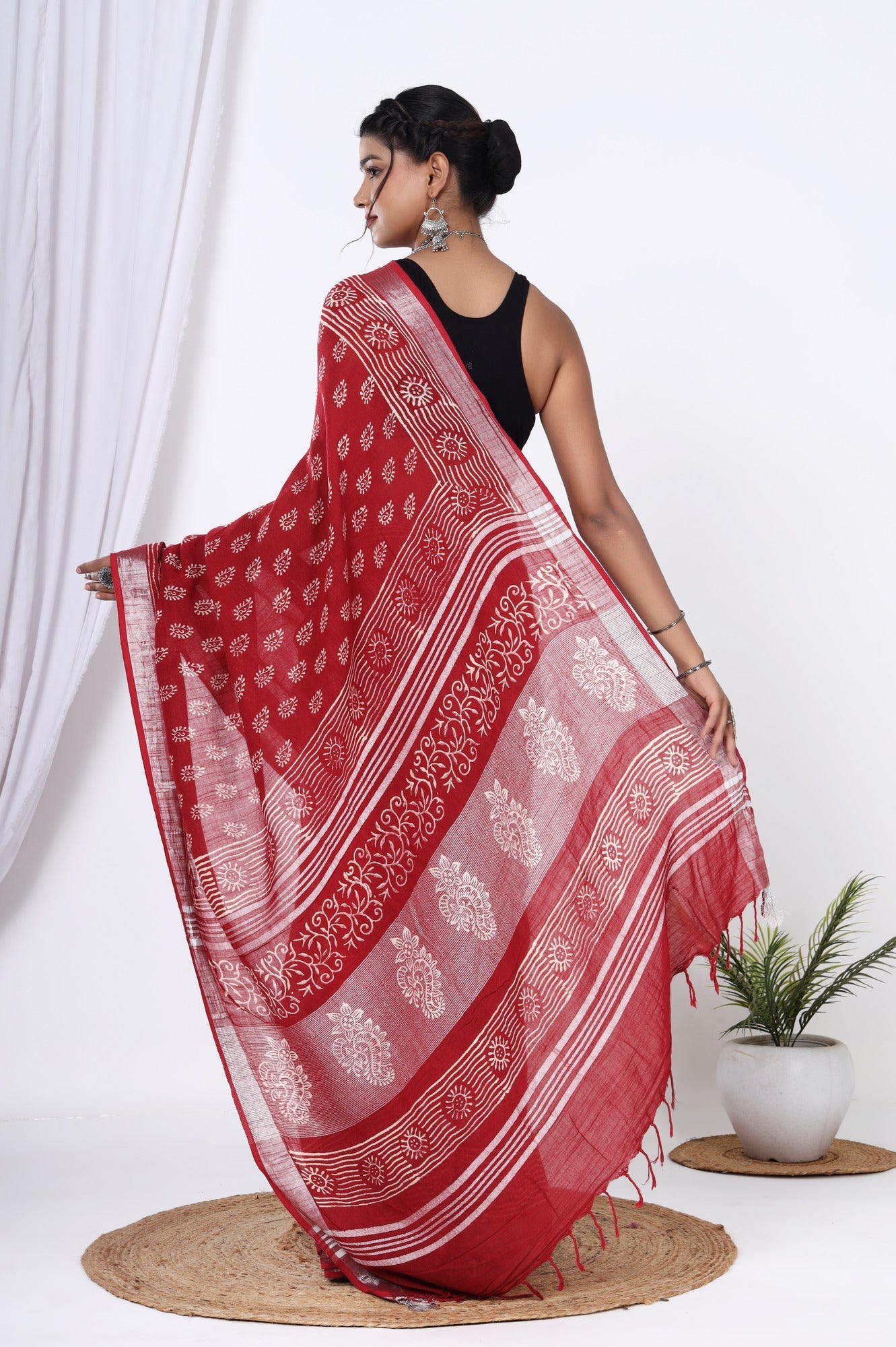 Red Linen Handblock Booti Discharge Print Saree