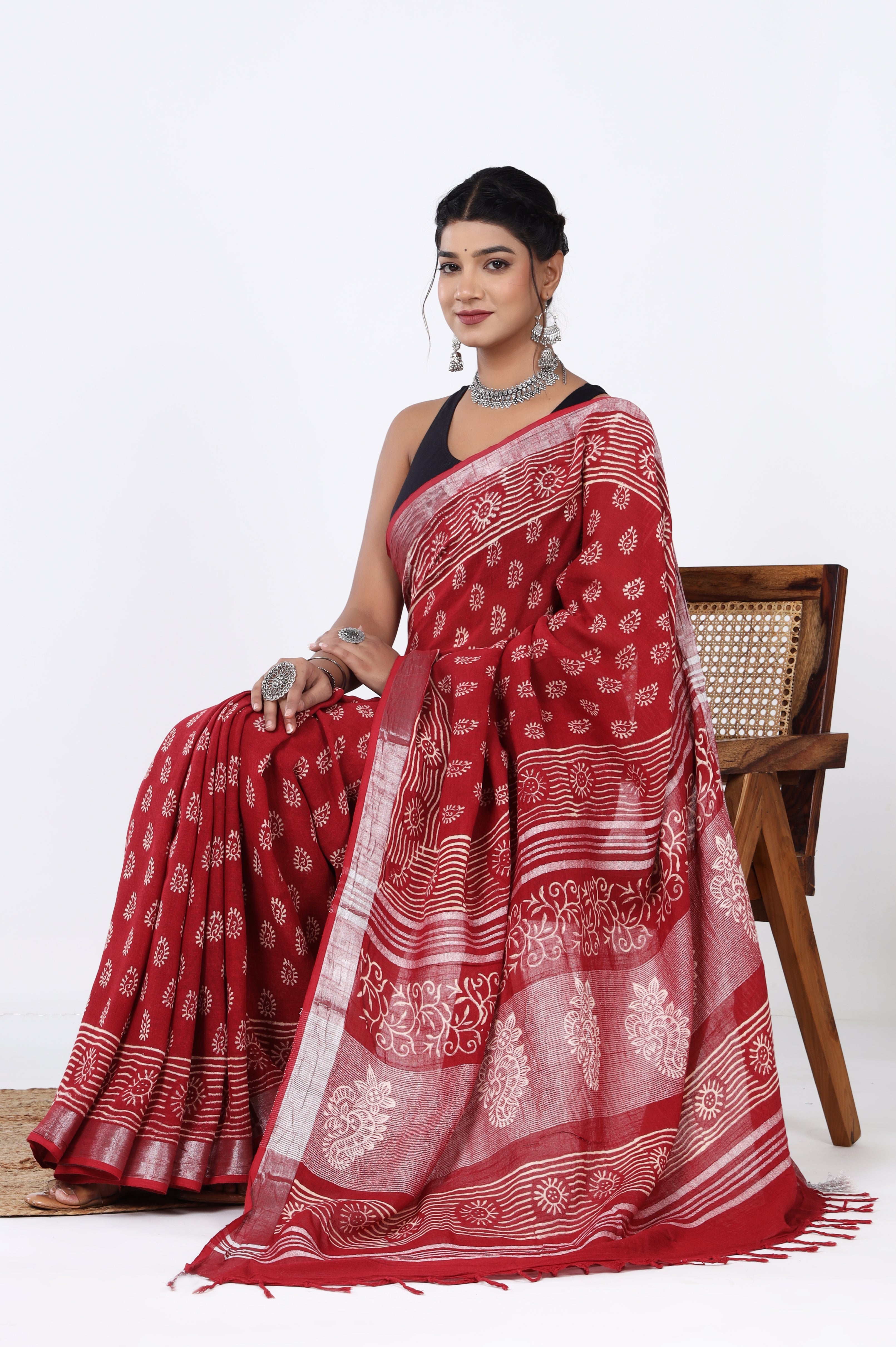 Red Linen Handblock Booti Discharge Print Saree