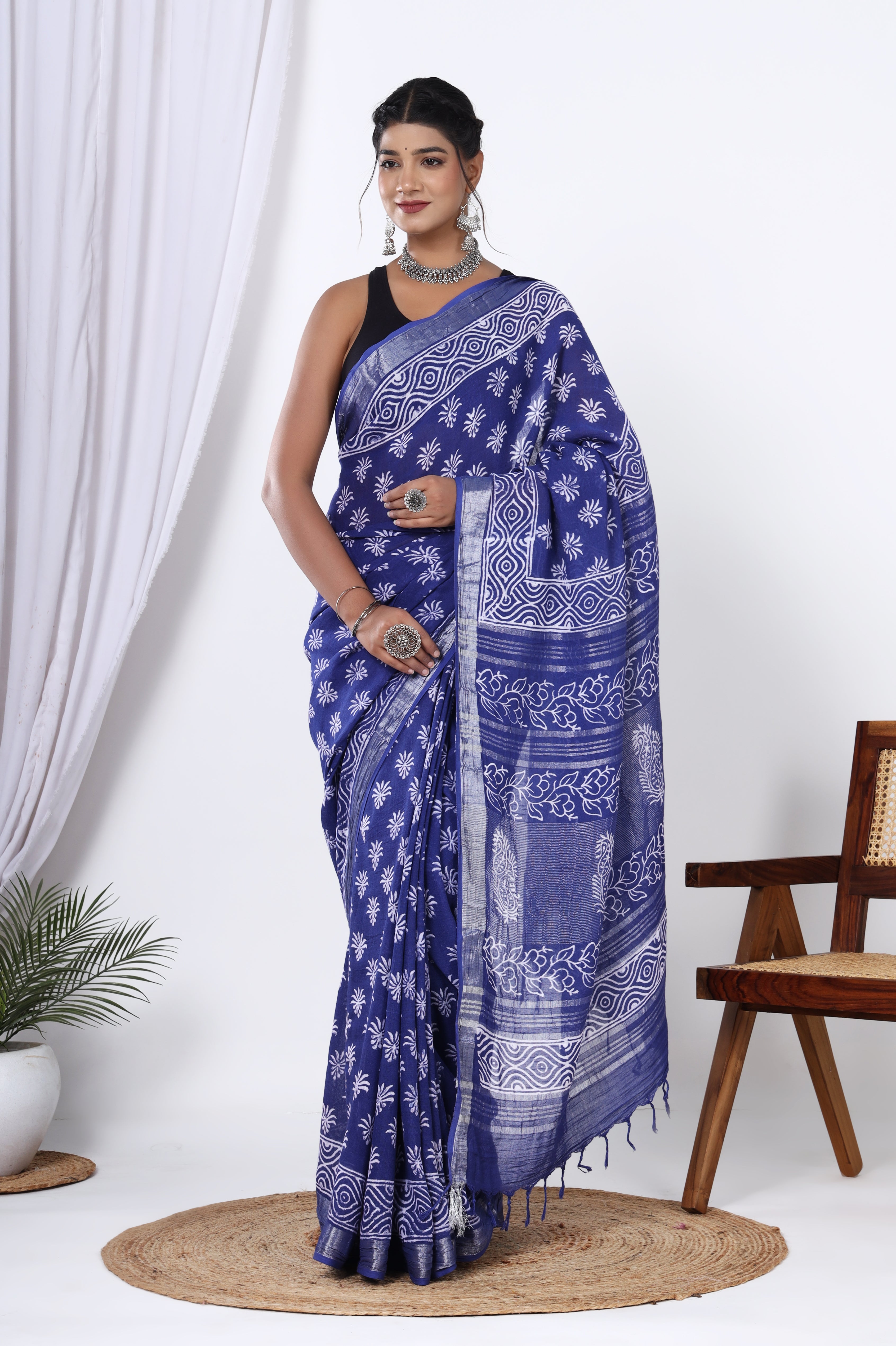 Linen Blue Blossom: Hand Block Floral Booti Dyed Discharge Printed Saree