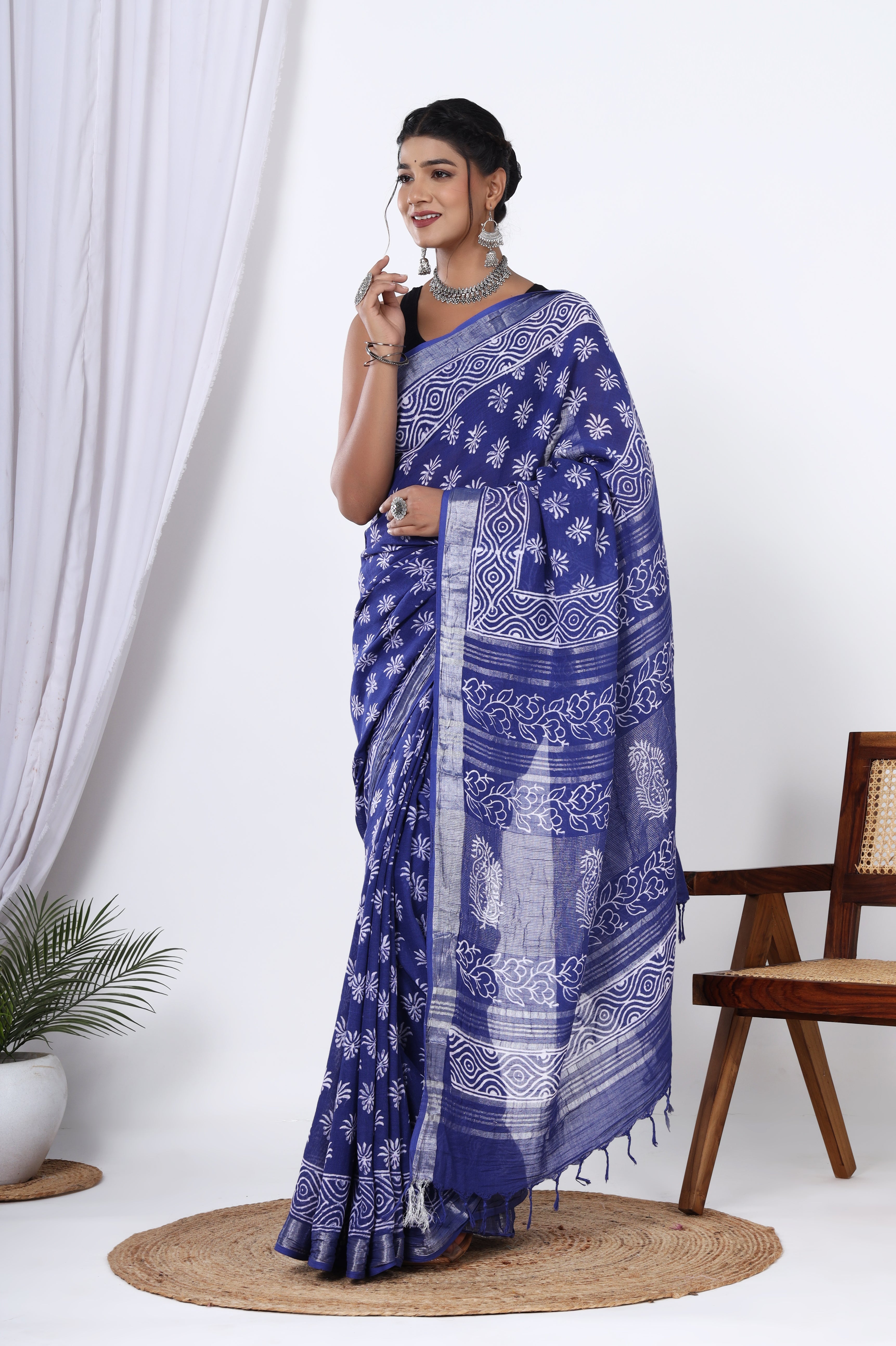 Linen Blue Blossom: Hand Block Floral Booti Dyed Discharge Printed Saree