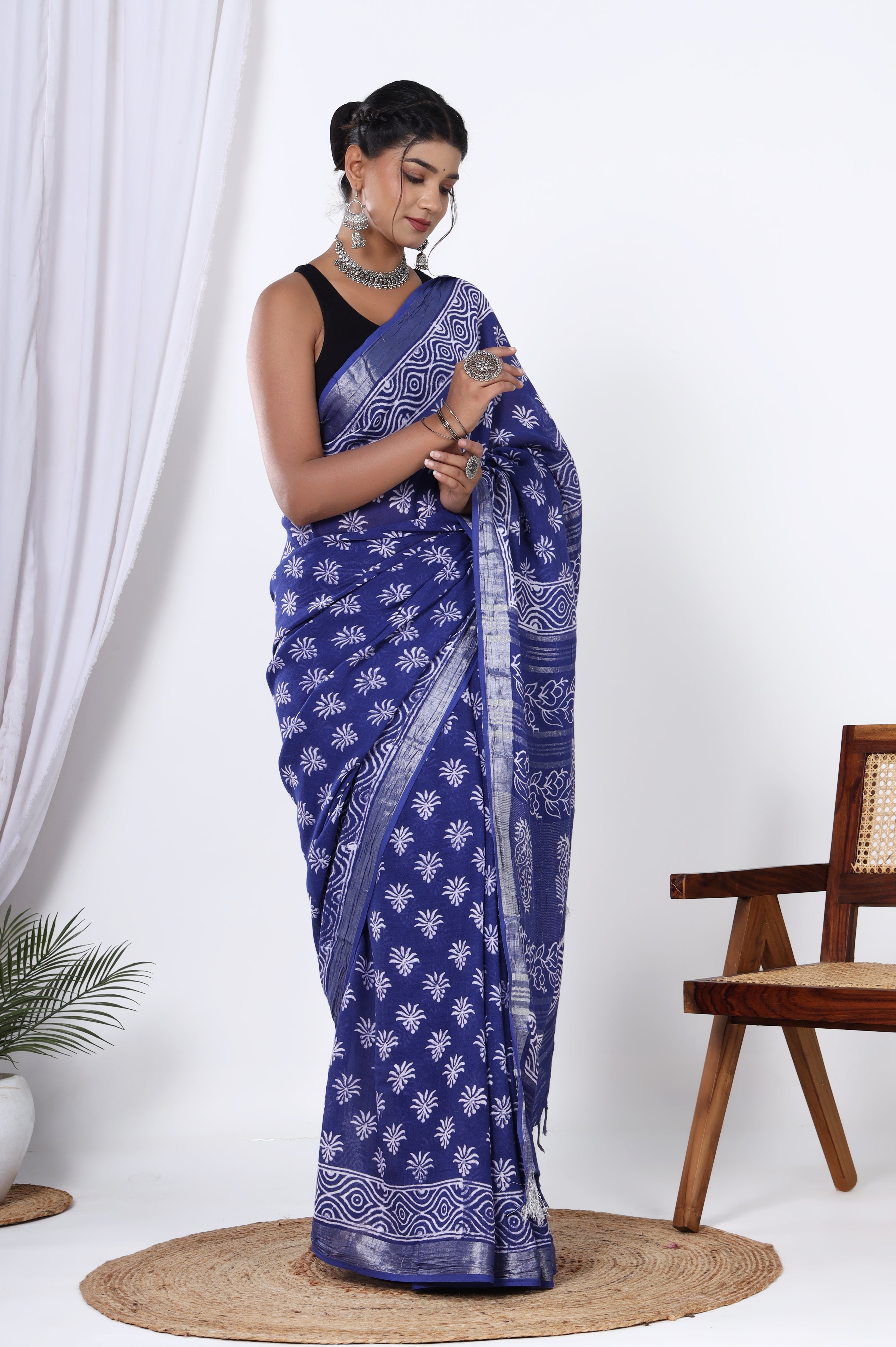 Linen Blue Blossom: Hand Block Floral Booti Dyed Discharge Printed Saree