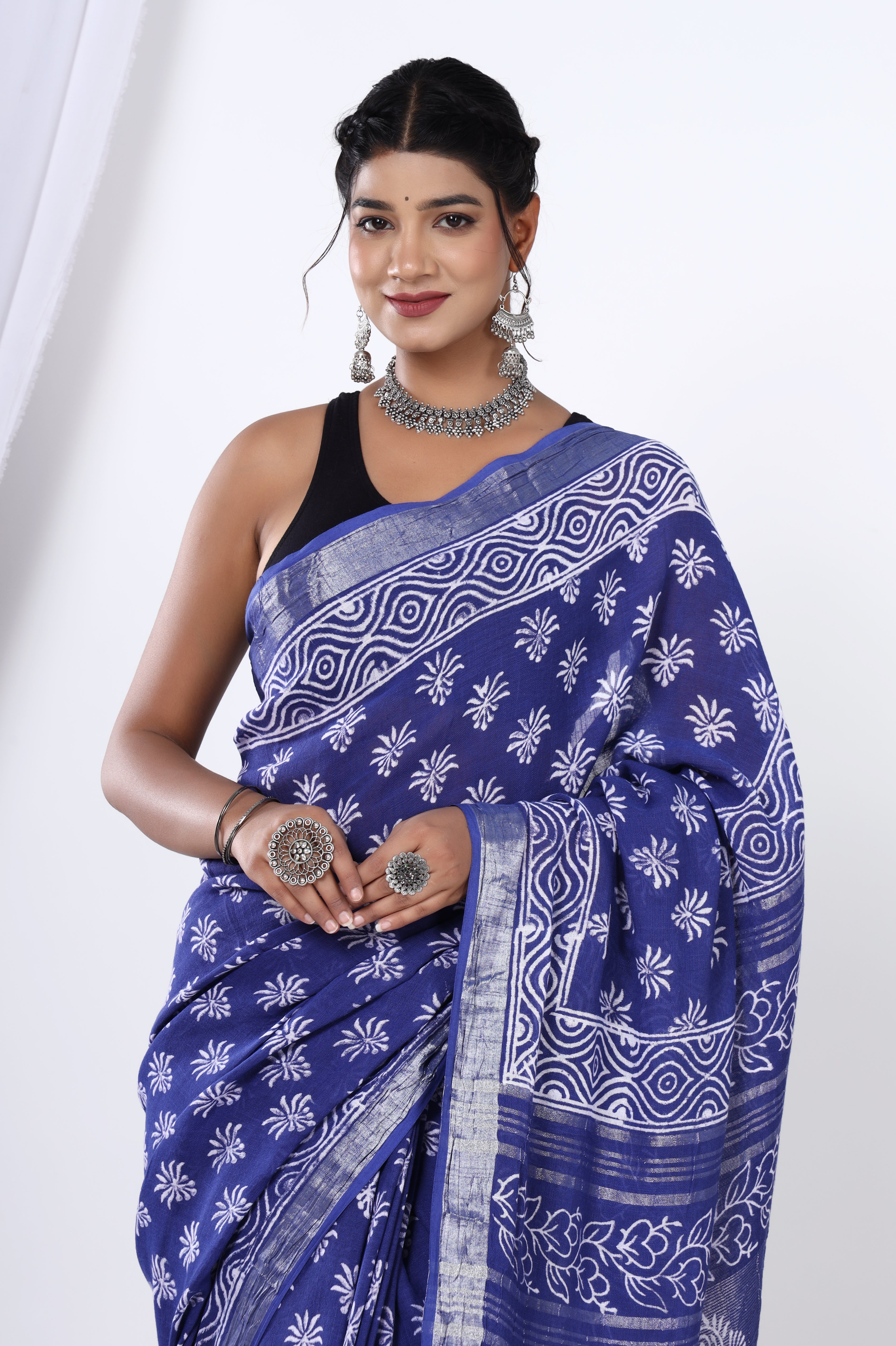 Linen Blue Blossom: Hand Block Floral Booti Dyed Discharge Printed Saree