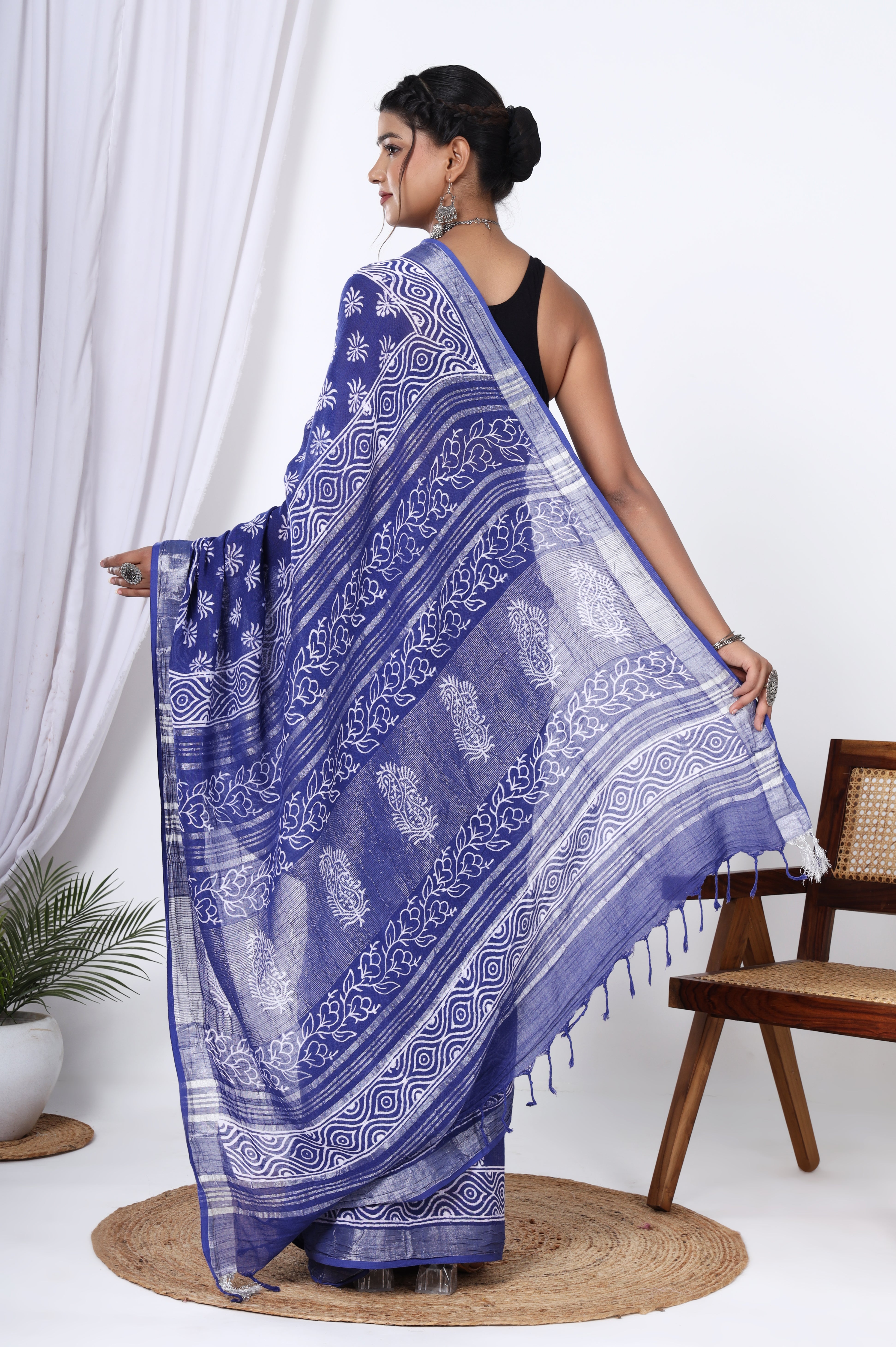 Linen Blue Blossom: Hand Block Floral Booti Dyed Discharge Printed Saree