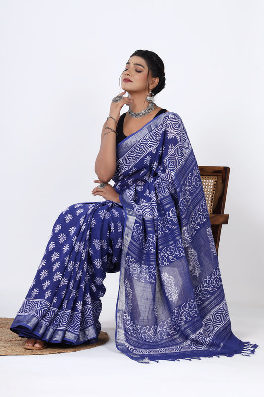 Linen Blue Blossom: Hand Block Floral Booti Dyed Discharge Printed Saree