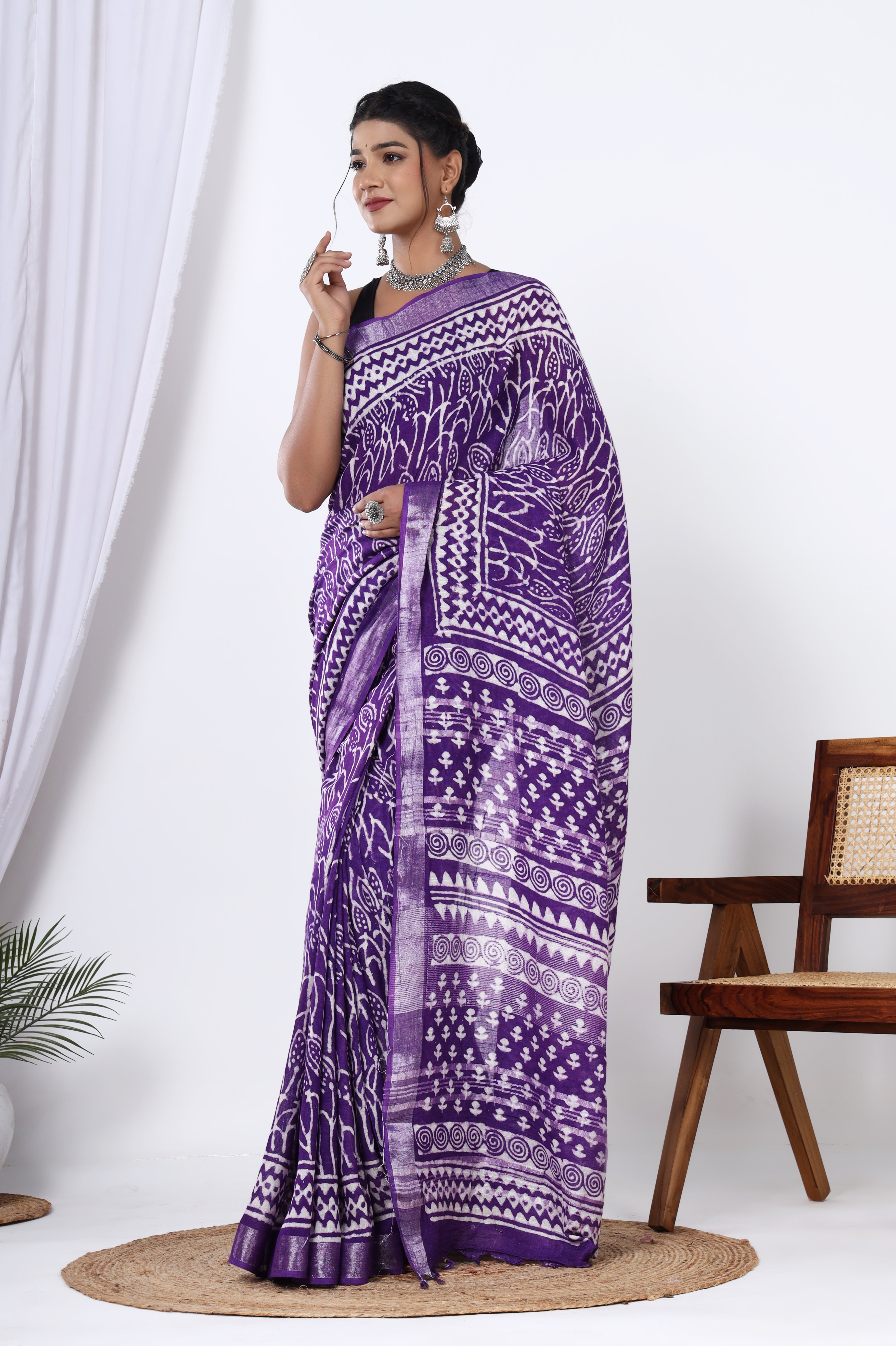 Purple Haze Linen Jaipuri Dye Block Saree