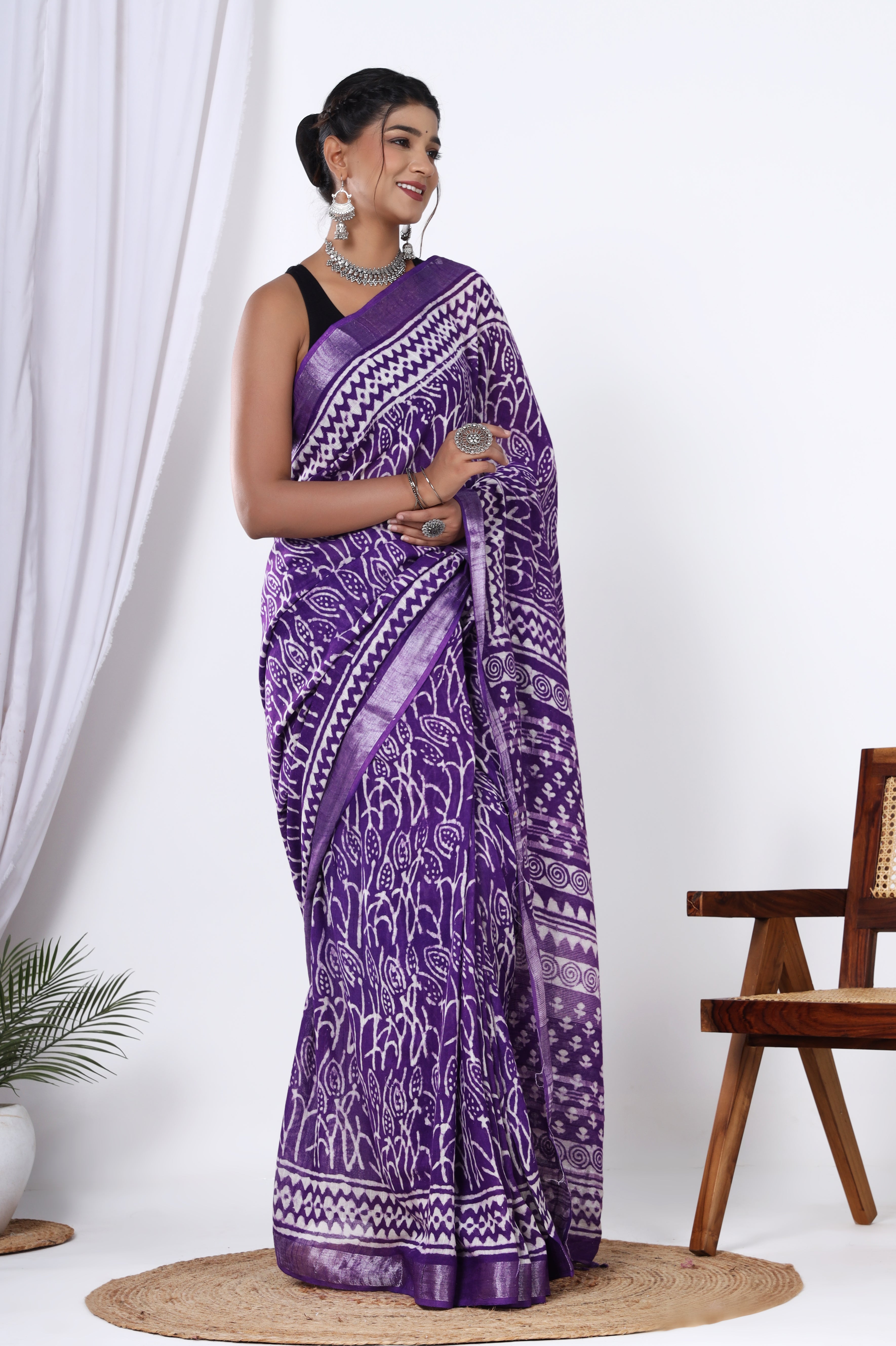 Purple Haze Linen Jaipuri Dye Block Saree