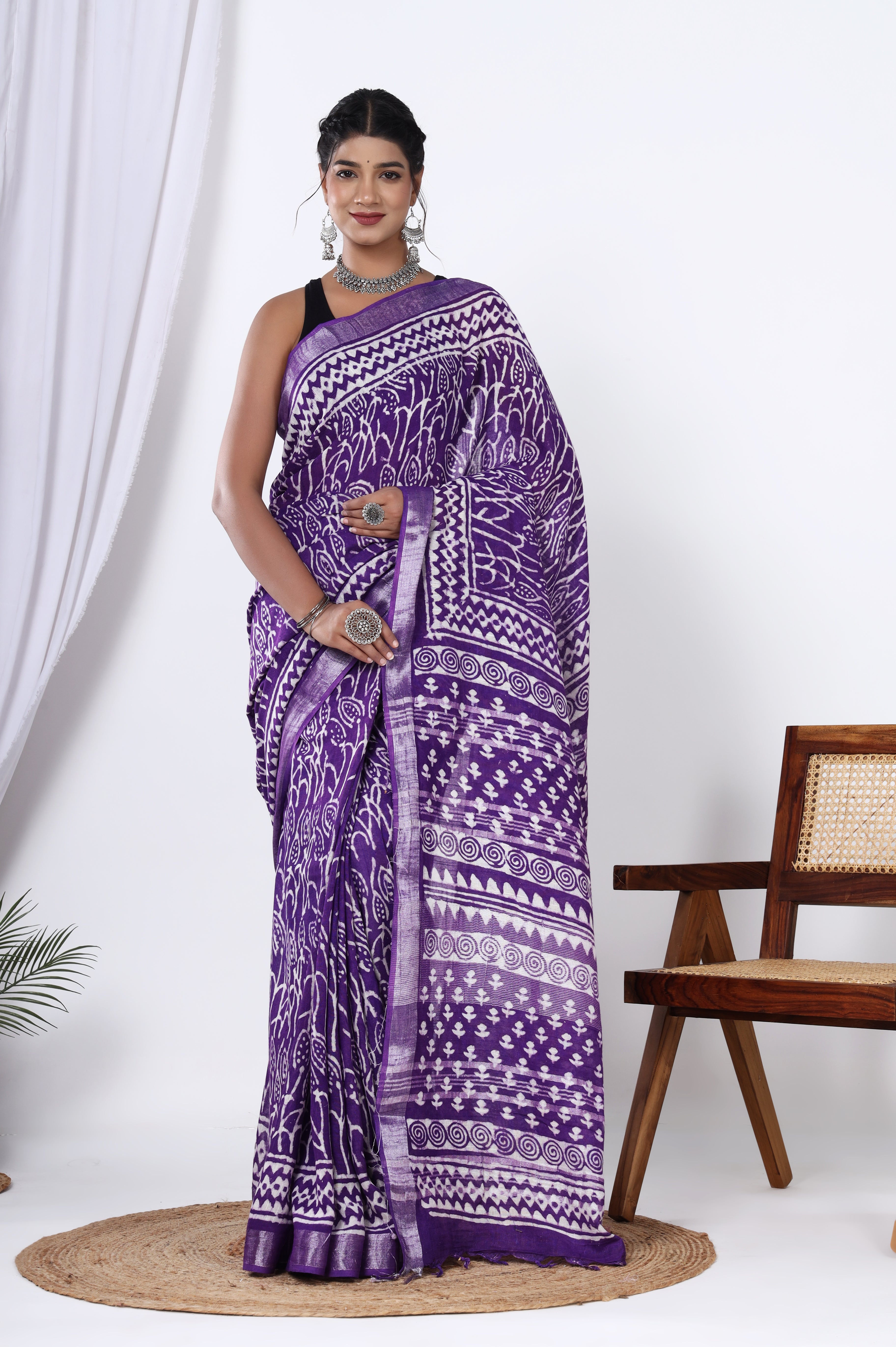 Purple Haze Linen Jaipuri Dye Block Saree