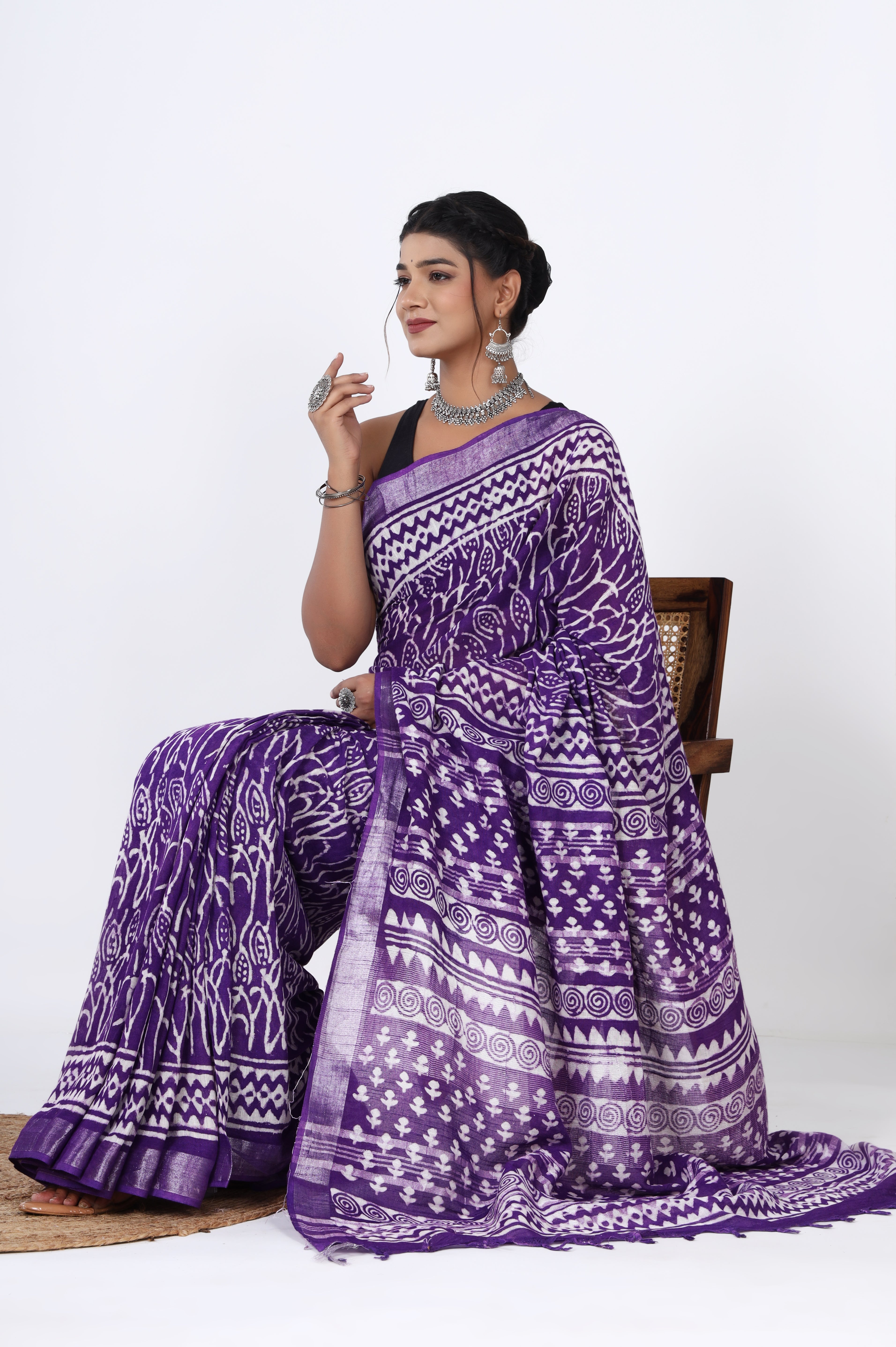 Purple Haze Linen Jaipuri Dye Block Saree