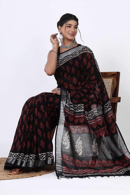 Jaipuri Elegance: Linen Hand Block Saree in Monochrome