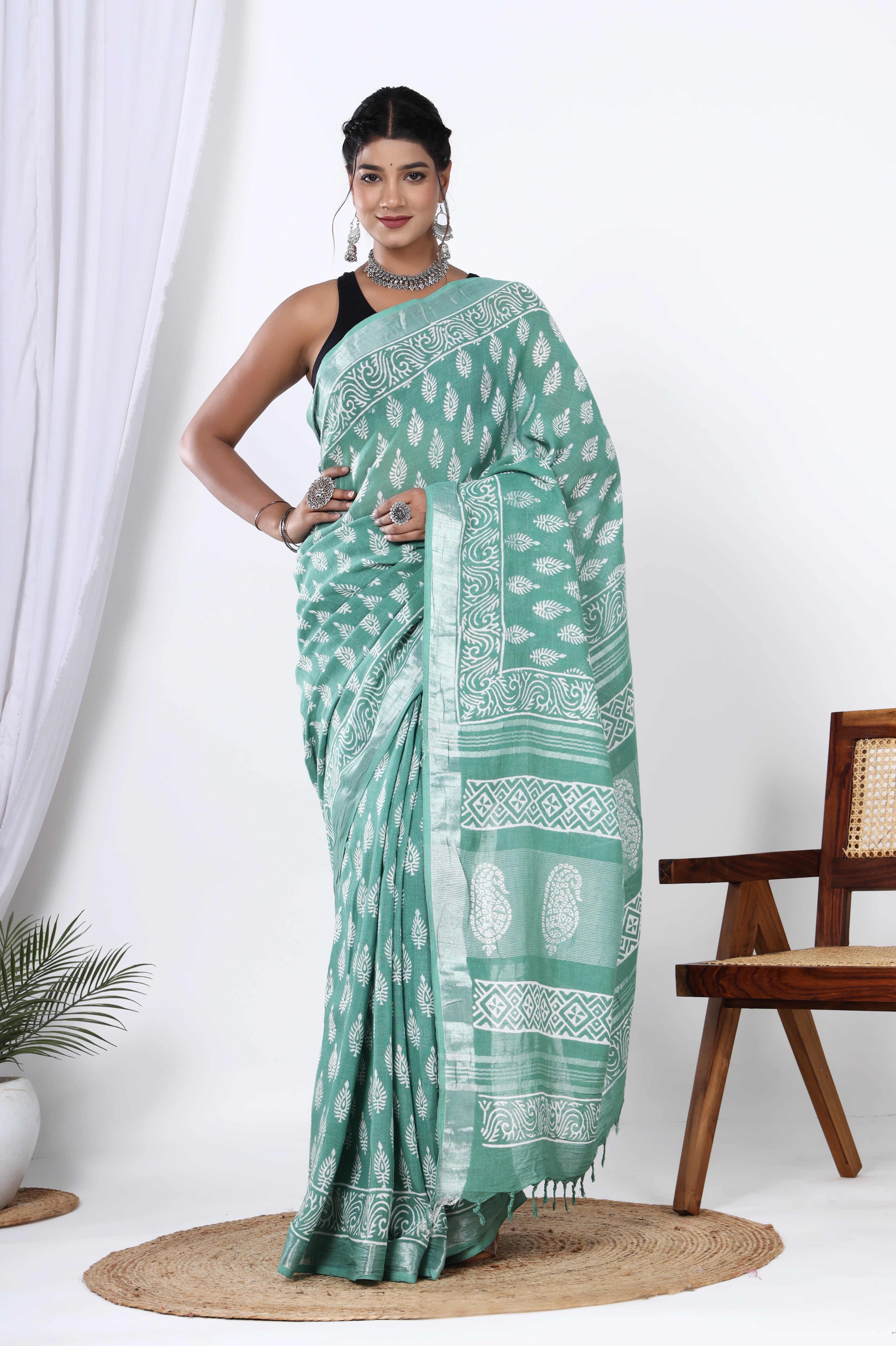 Linen Greenish Cyan Hand Block Booti Jaipuri Saree