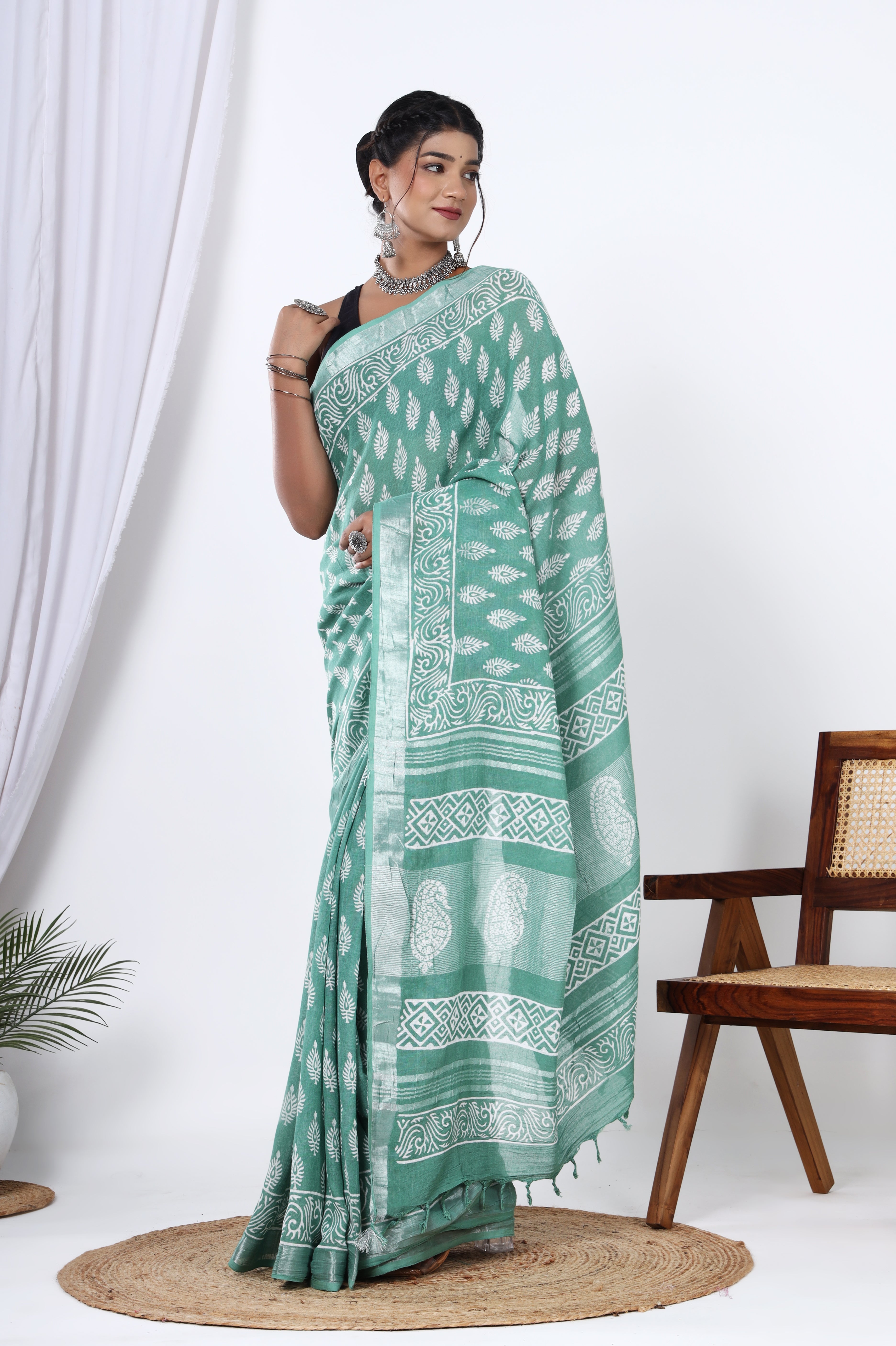 Linen Greenish Cyan Hand Block Booti Jaipuri Saree