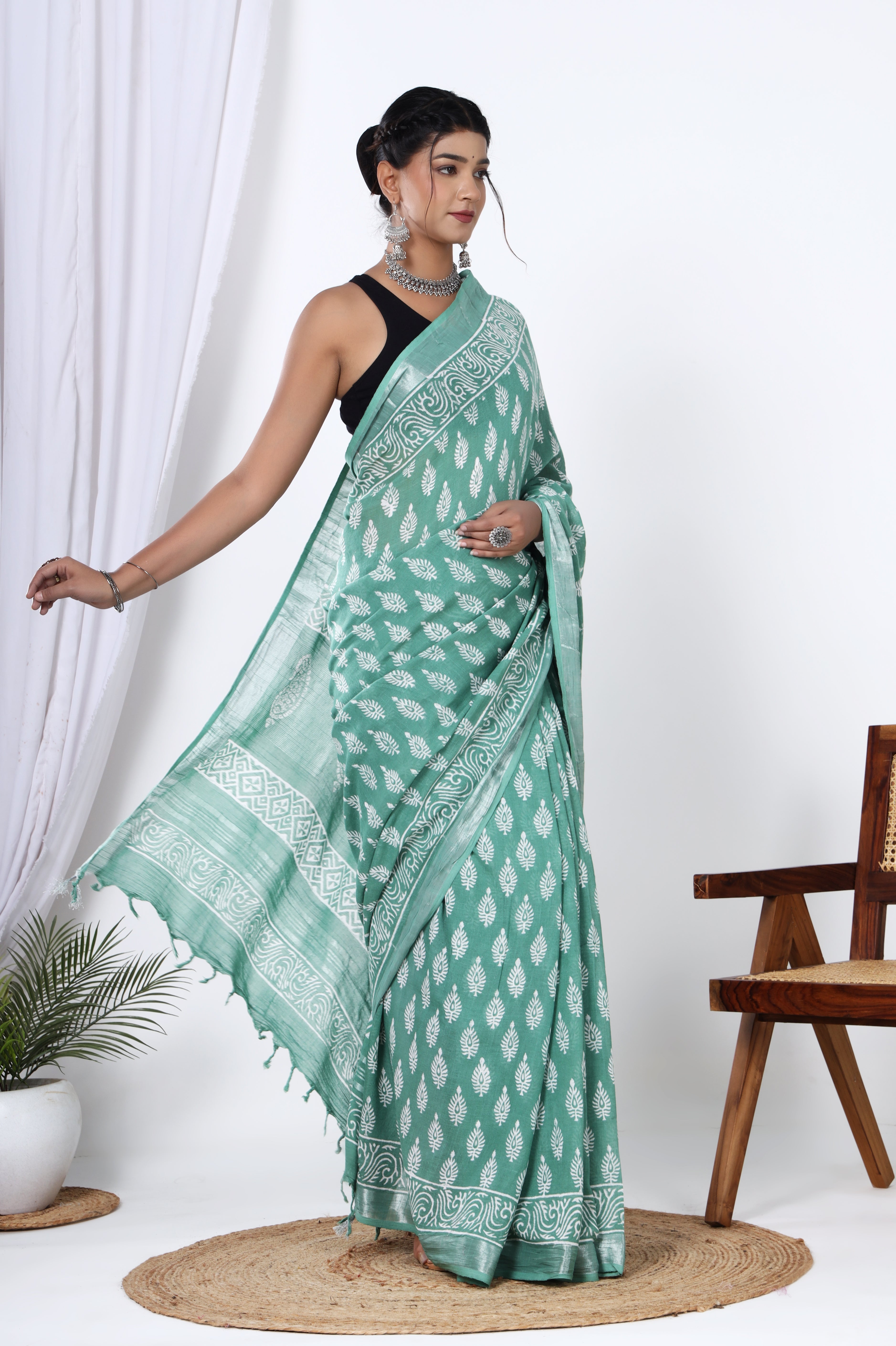 Linen Greenish Cyan Hand Block Booti Jaipuri Saree