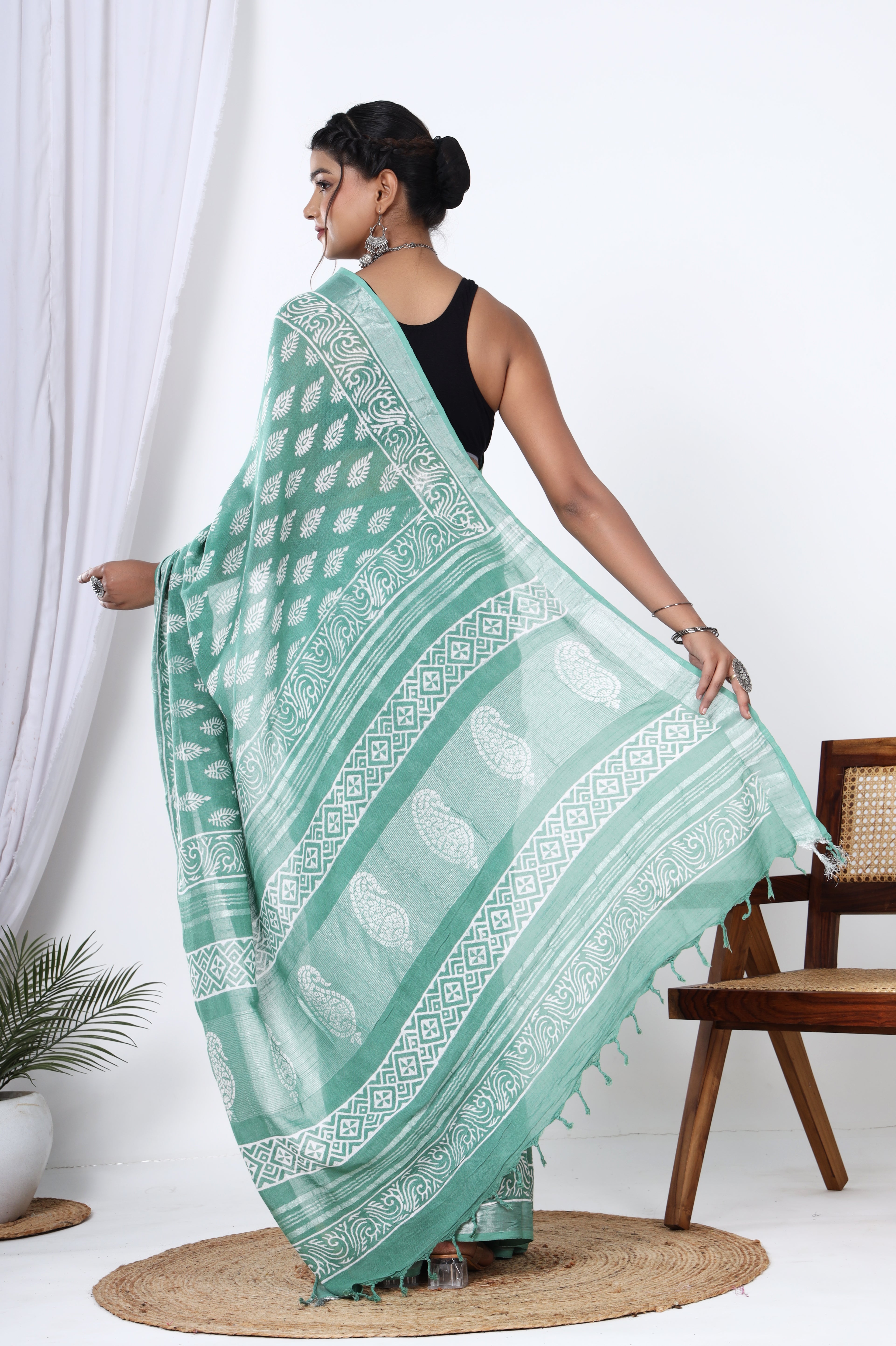 Linen Greenish Cyan Hand Block Booti Jaipuri Saree