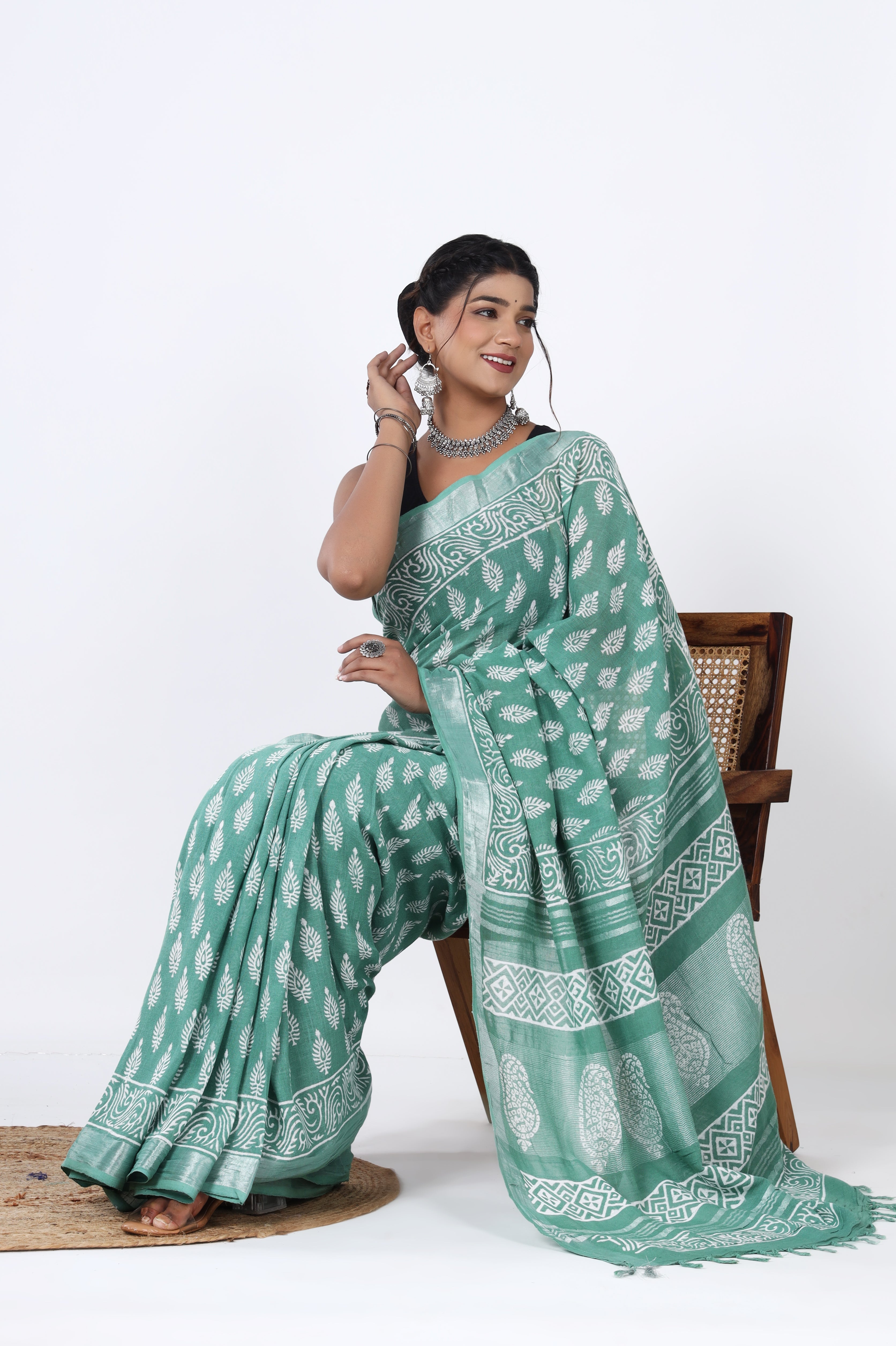 Linen Greenish Cyan Hand Block Booti Jaipuri Saree