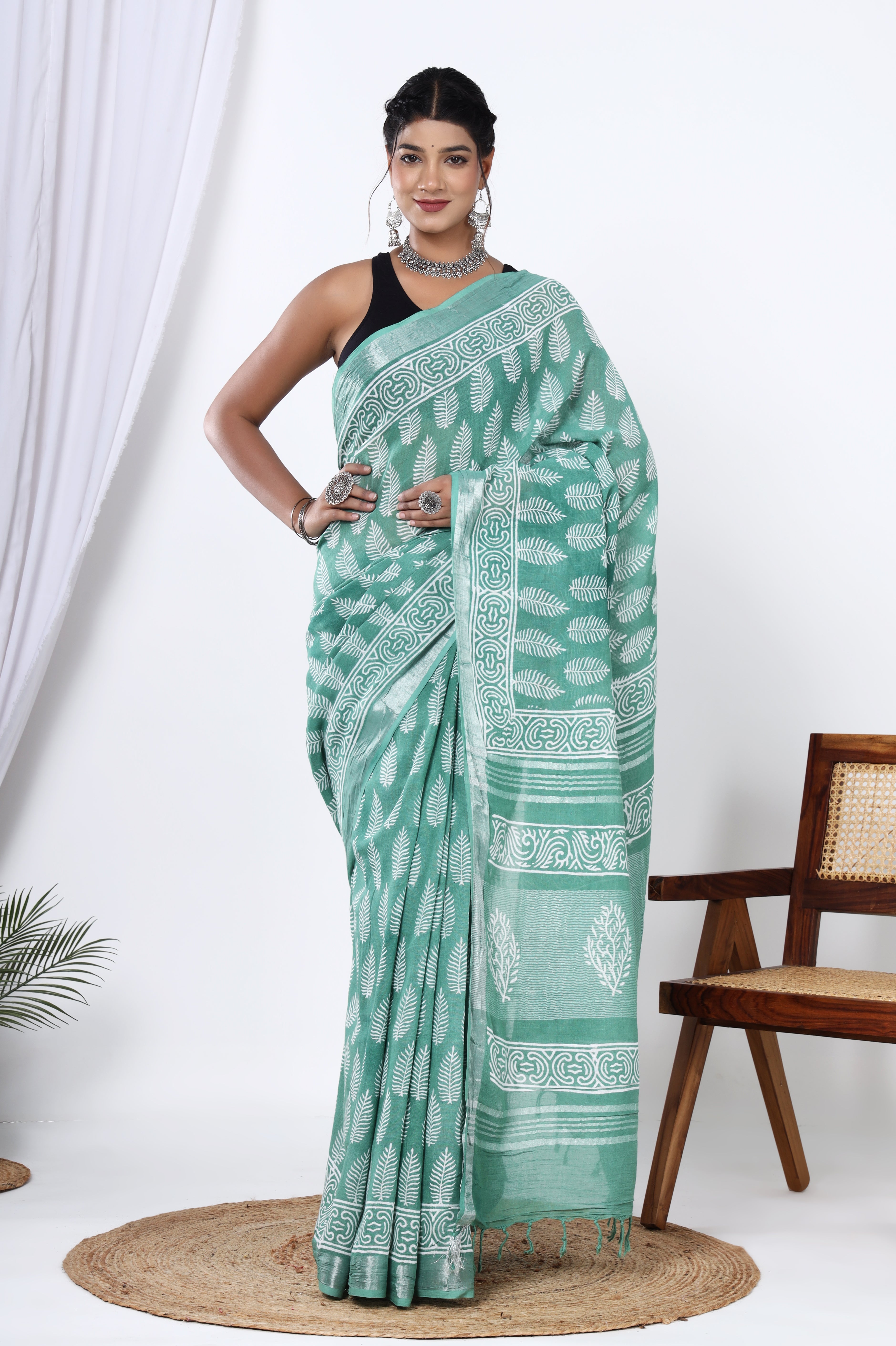 Linen Serenity: Hand Block Jaipuri Cyan Boota Printed Saree