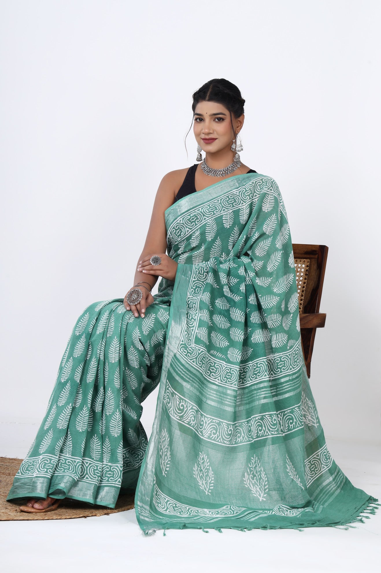 Linen Serenity: Hand Block Jaipuri Cyan Boota Printed Saree