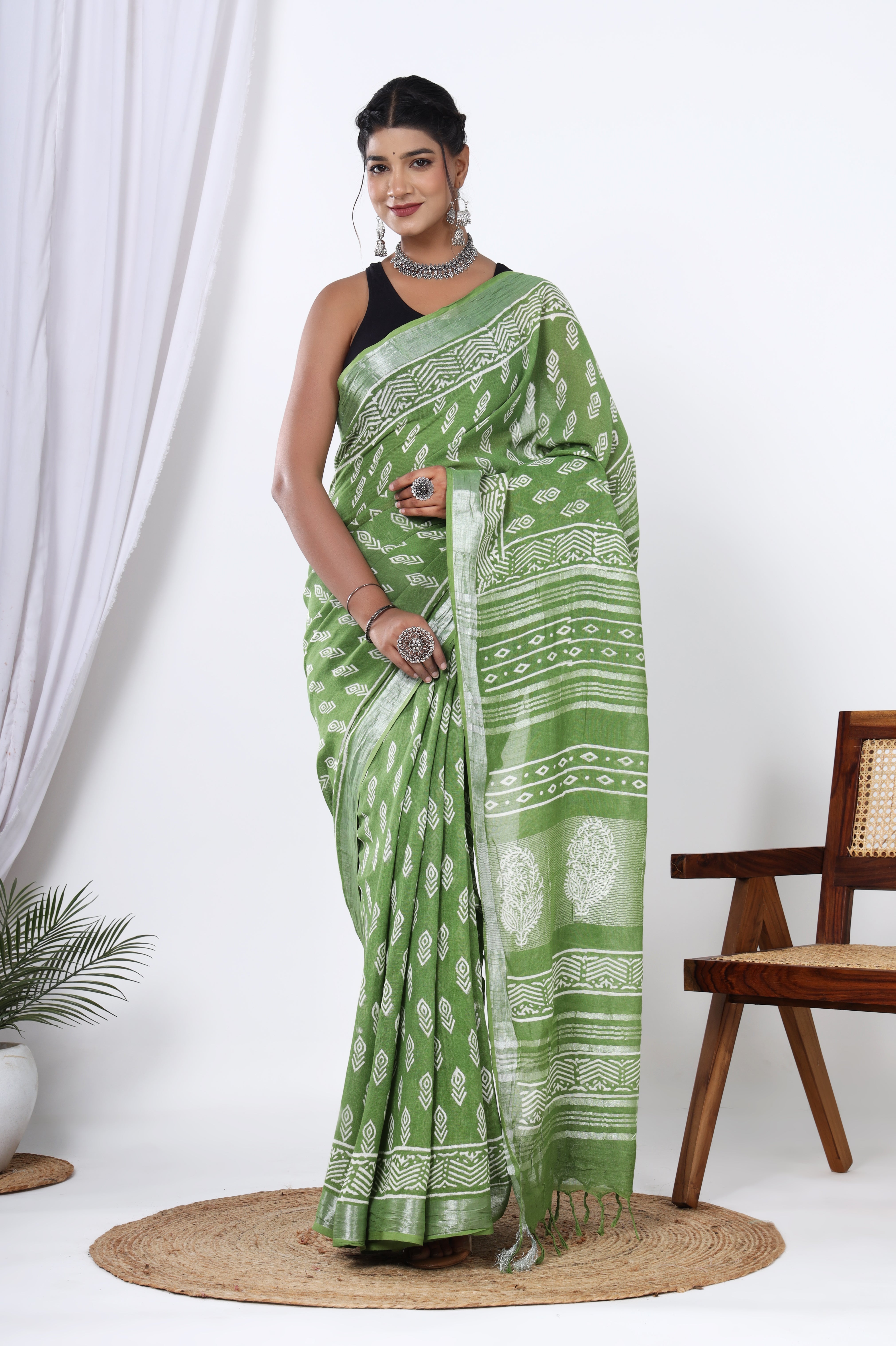 Sunlit Spring: Hand Block Booti Printed Jaipuri Dyed Discharge Saree in Yellowish Green Linen