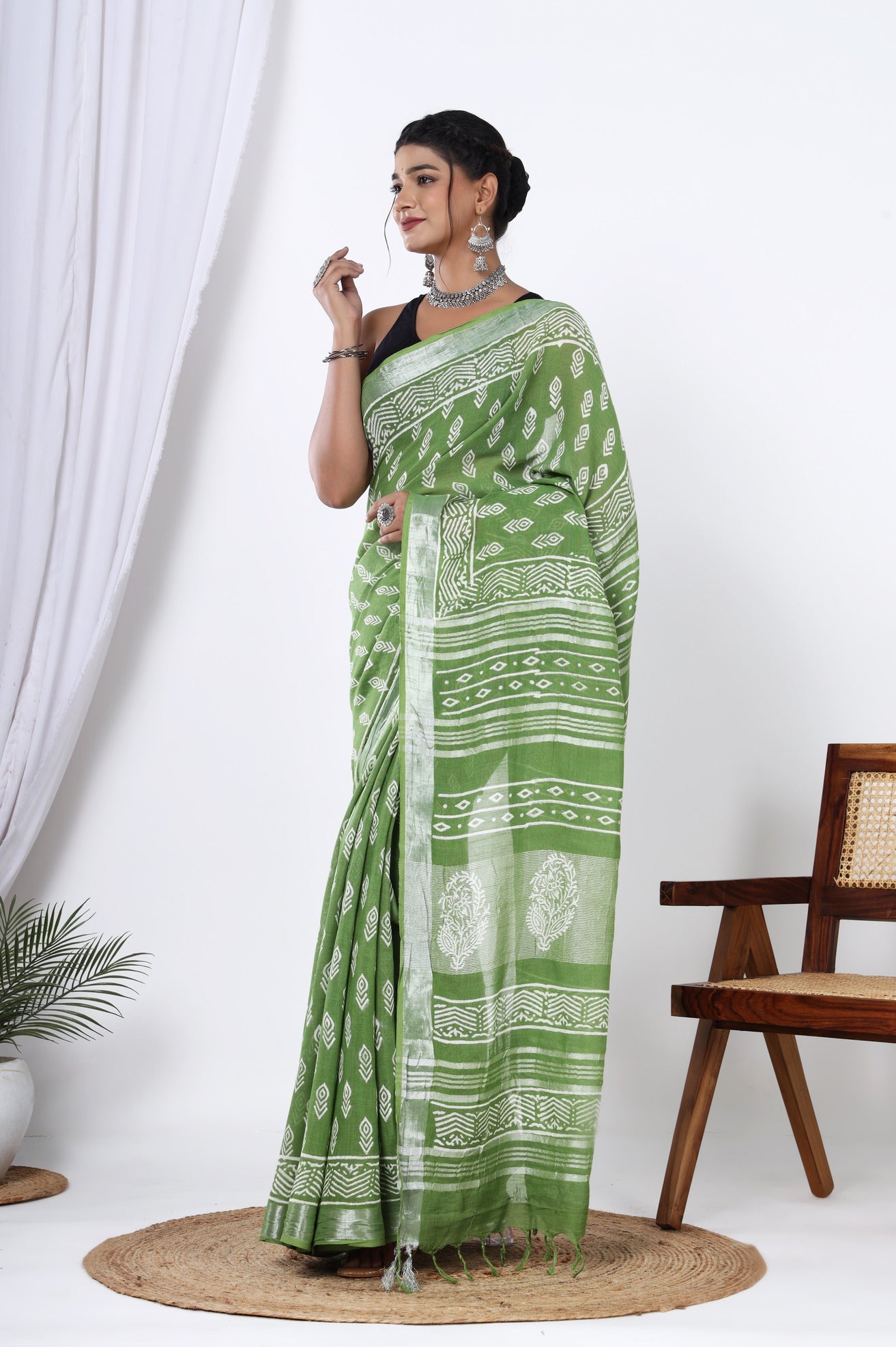 Sunlit Spring: Hand Block Booti Printed Jaipuri Dyed Discharge Saree in Yellowish Green Linen