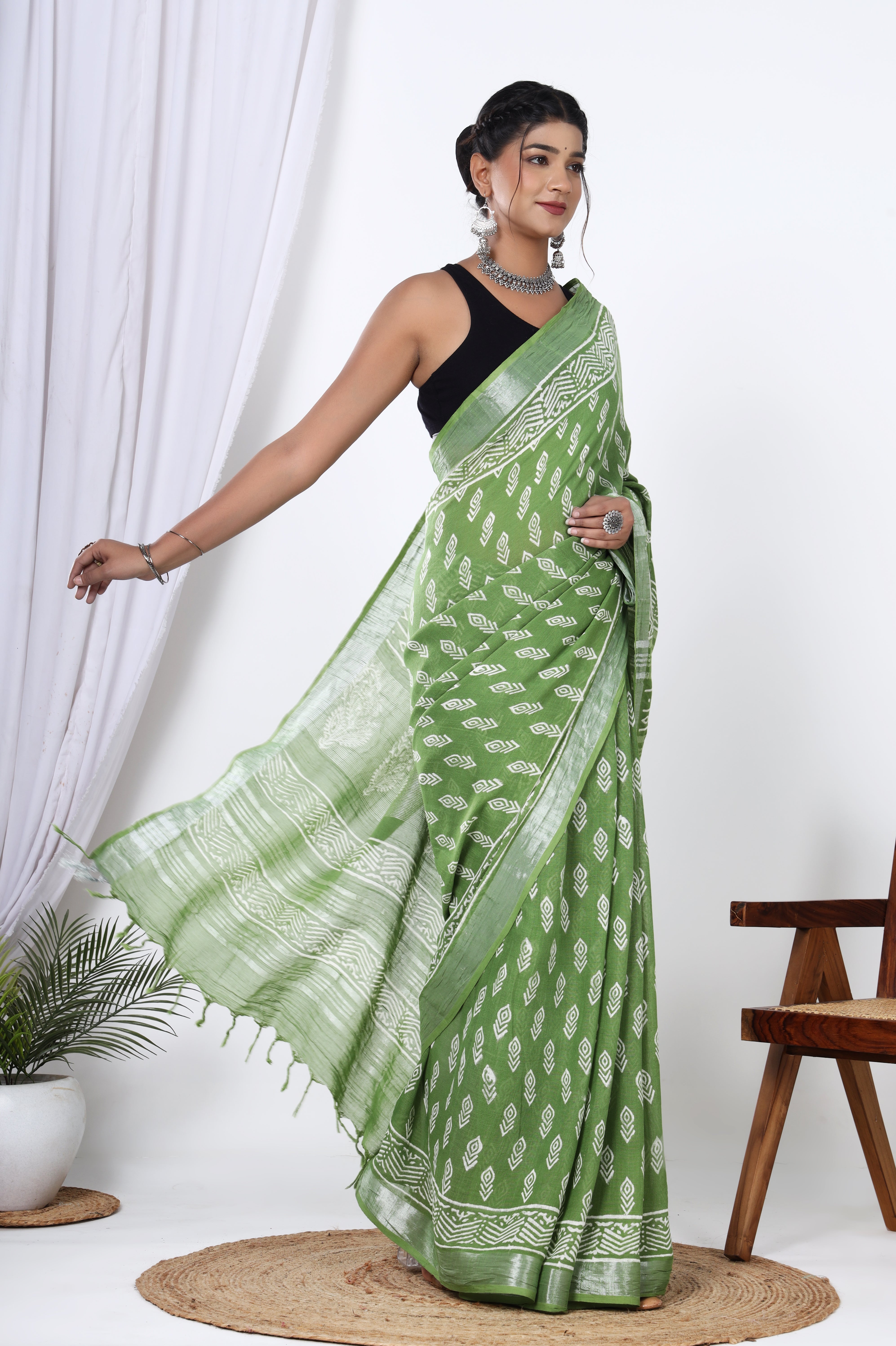 Sunlit Spring: Hand Block Booti Printed Jaipuri Dyed Discharge Saree in Yellowish Green Linen