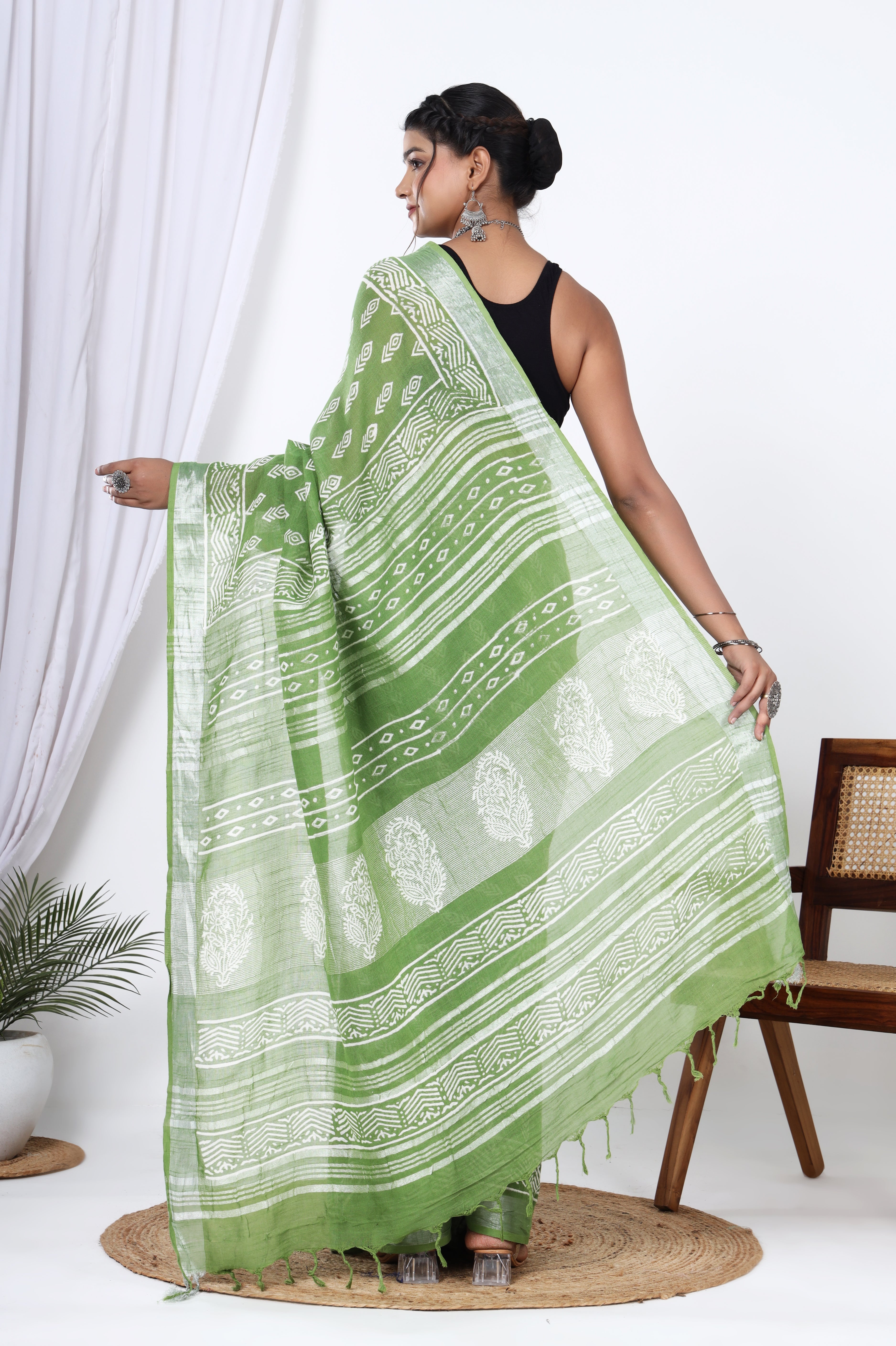 Sunlit Spring: Hand Block Booti Printed Jaipuri Dyed Discharge Saree in Yellowish Green Linen