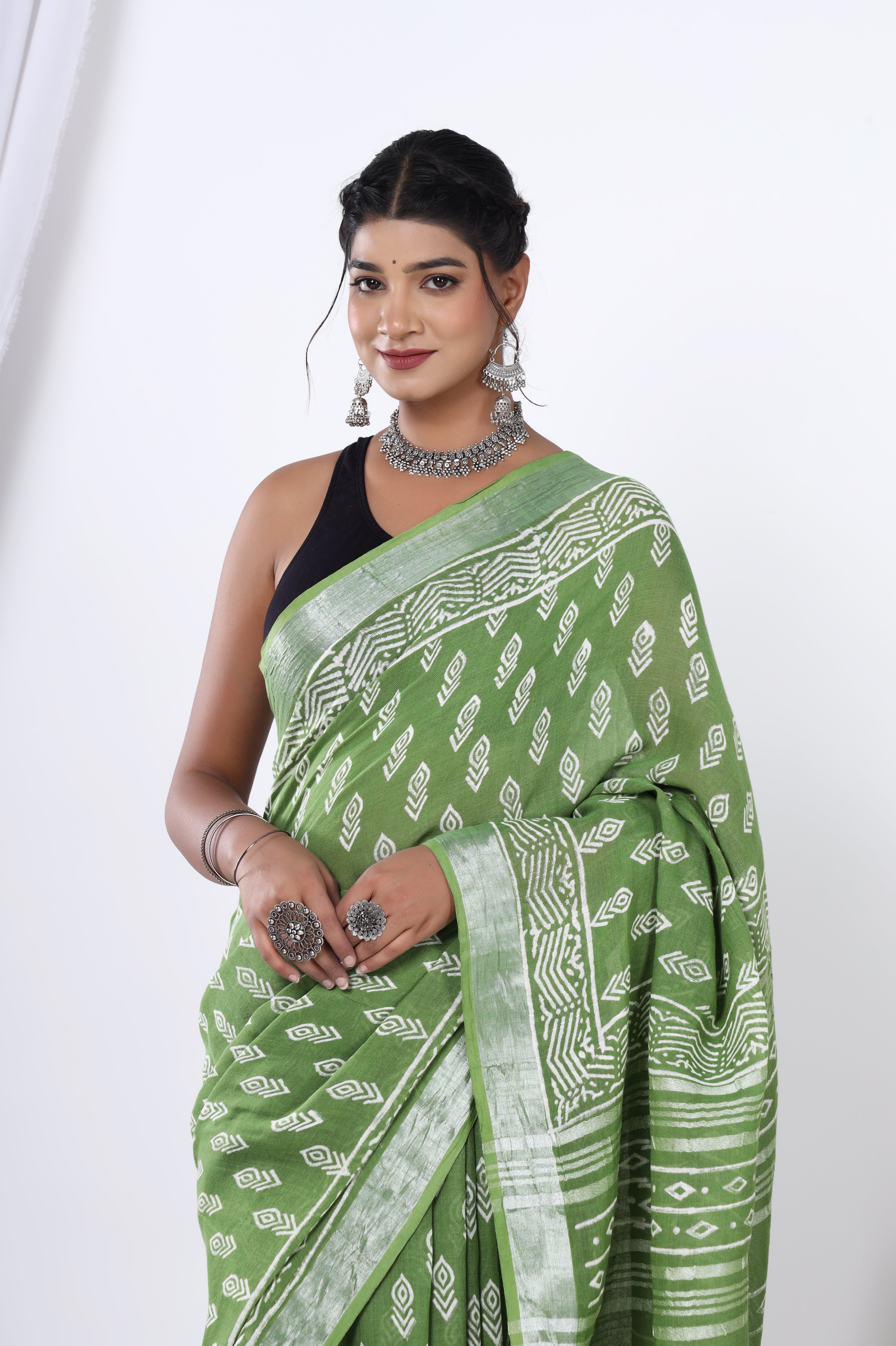 Sunlit Spring: Hand Block Booti Printed Jaipuri Dyed Discharge Saree in Yellowish Green Linen