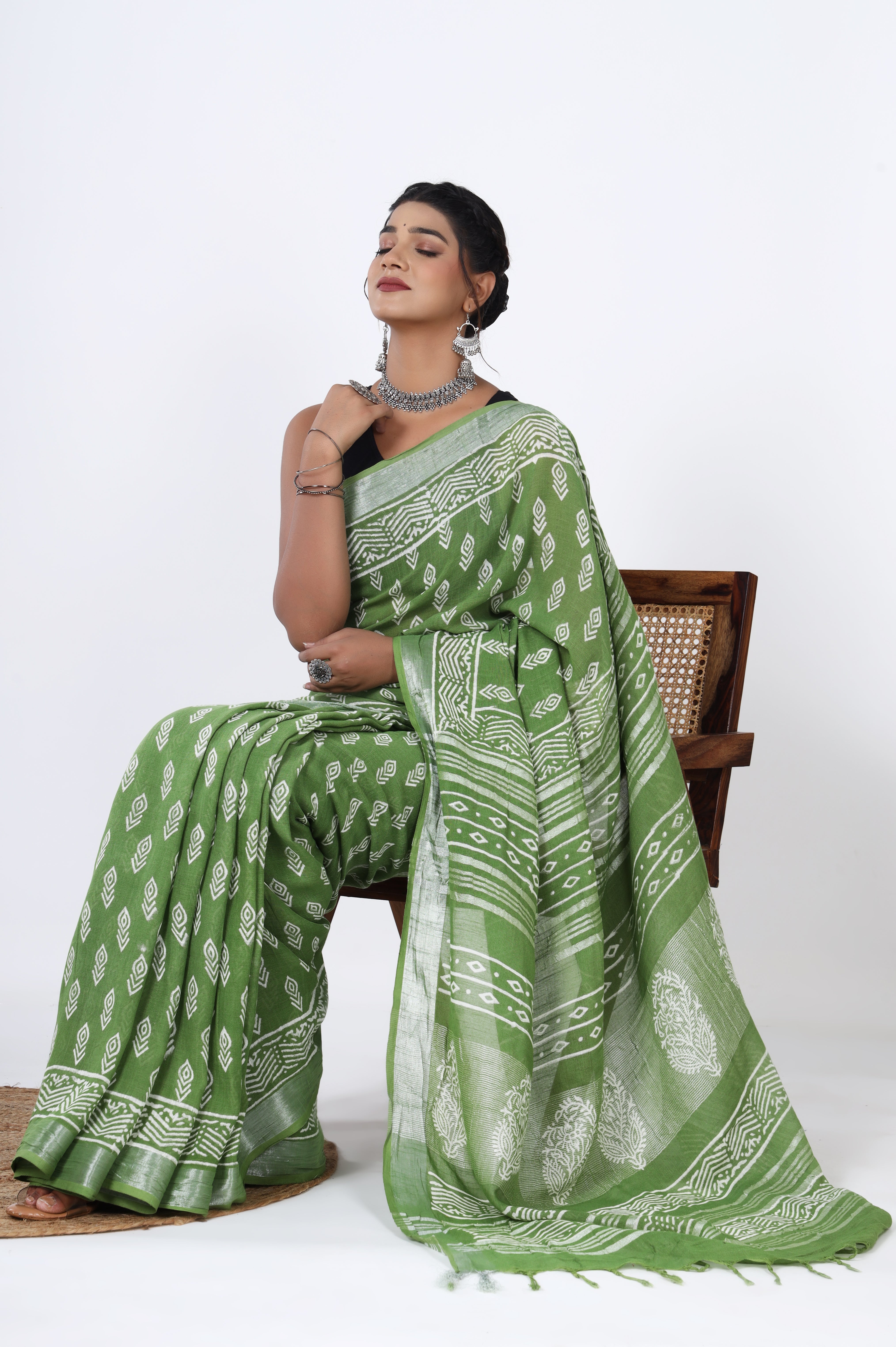 Sunlit Spring: Hand Block Booti Printed Jaipuri Dyed Discharge Saree in Yellowish Green Linen