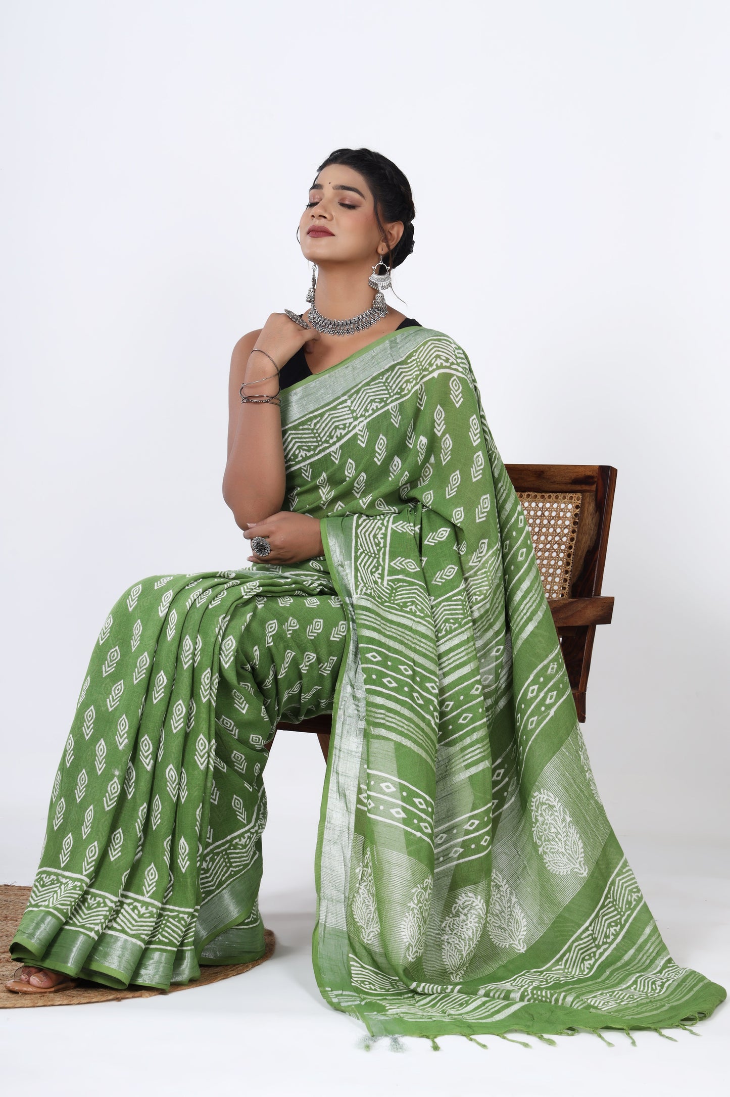 Sunlit Spring: Hand Block Booti Printed Jaipuri Dyed Discharge Saree in Yellowish Green Linen