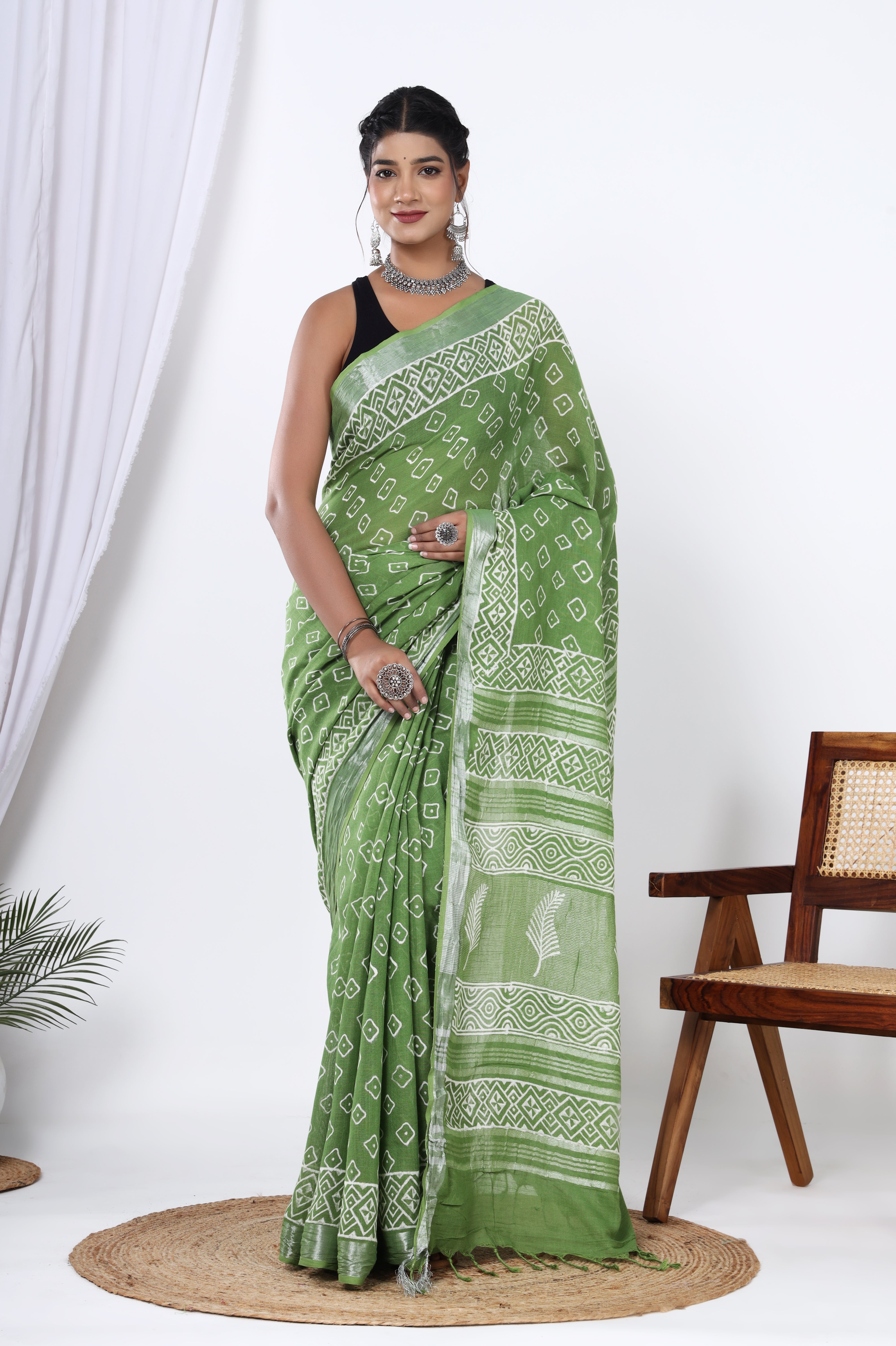 Spring Meadow: Linen Saree in Hand Block Jaipuri Dyed Discharge Print - Yellowish Green