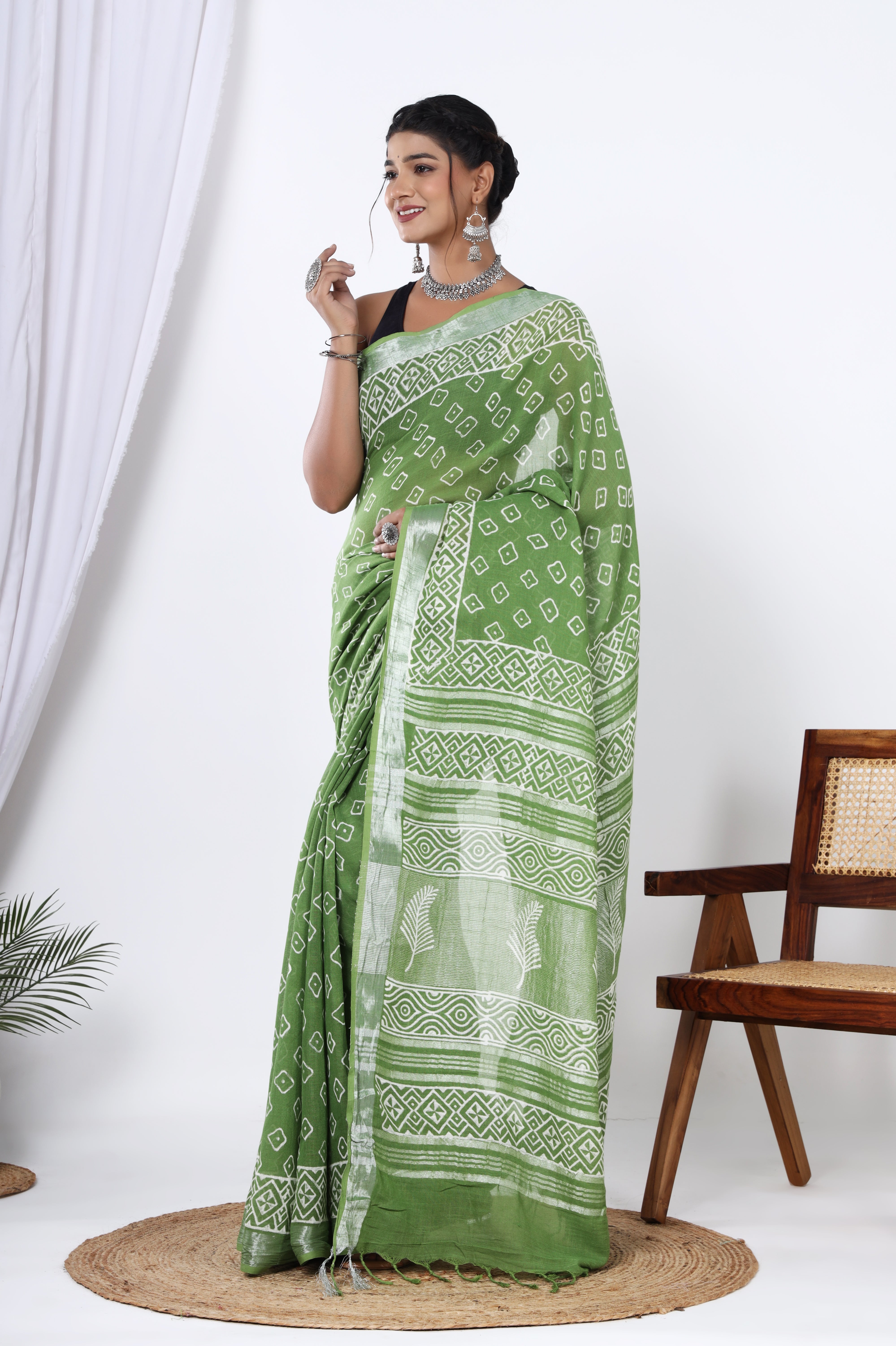 Spring Meadow: Linen Saree in Hand Block Jaipuri Dyed Discharge Print - Yellowish Green