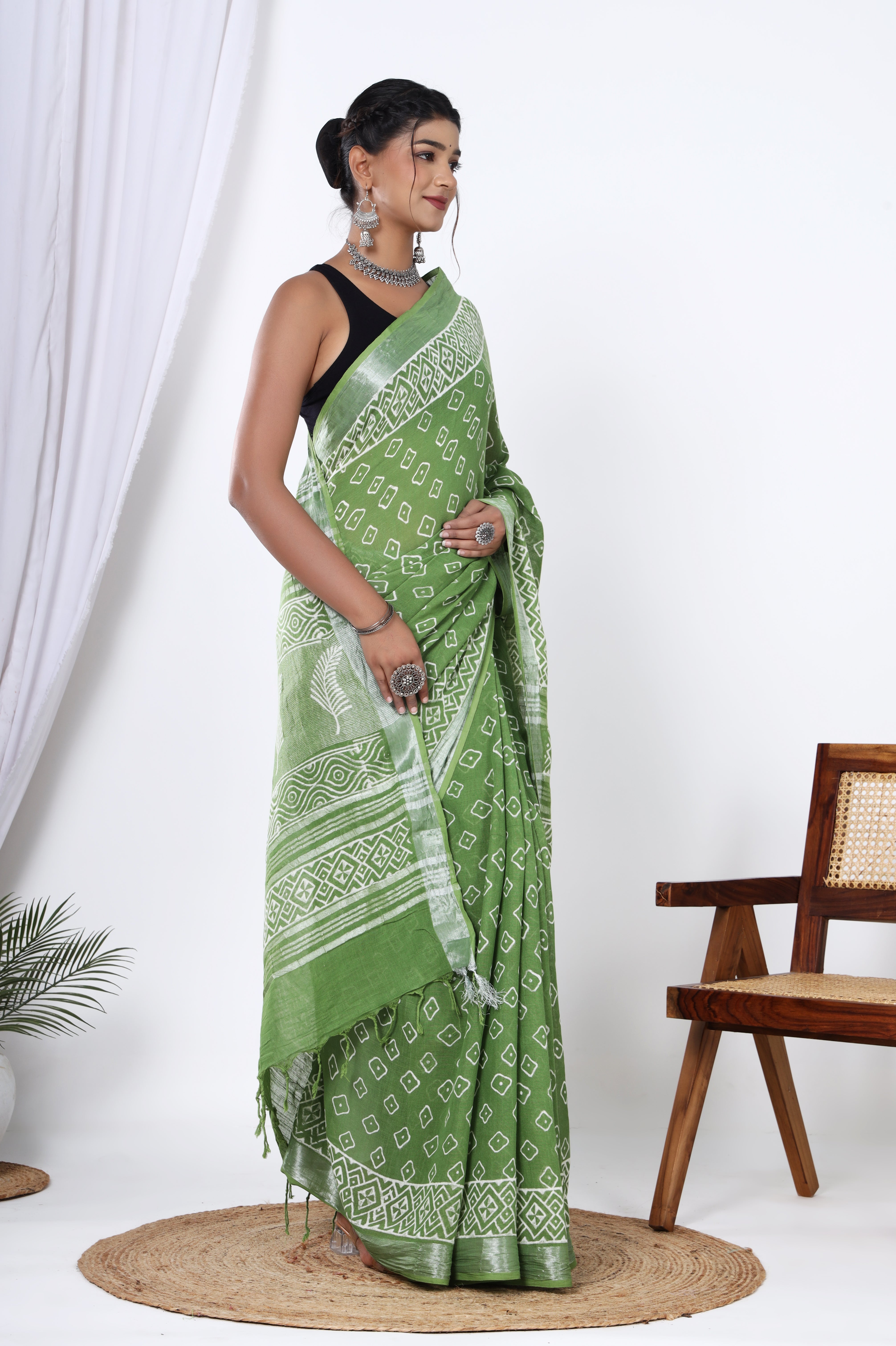 Spring Meadow: Linen Saree in Hand Block Jaipuri Dyed Discharge Print - Yellowish Green