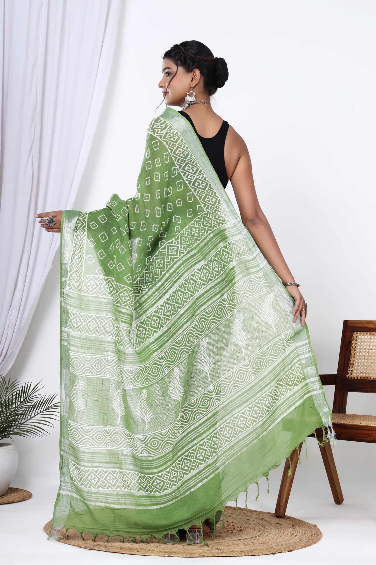 Spring Meadow: Linen Saree in Hand Block Jaipuri Dyed Discharge Print - Yellowish Green