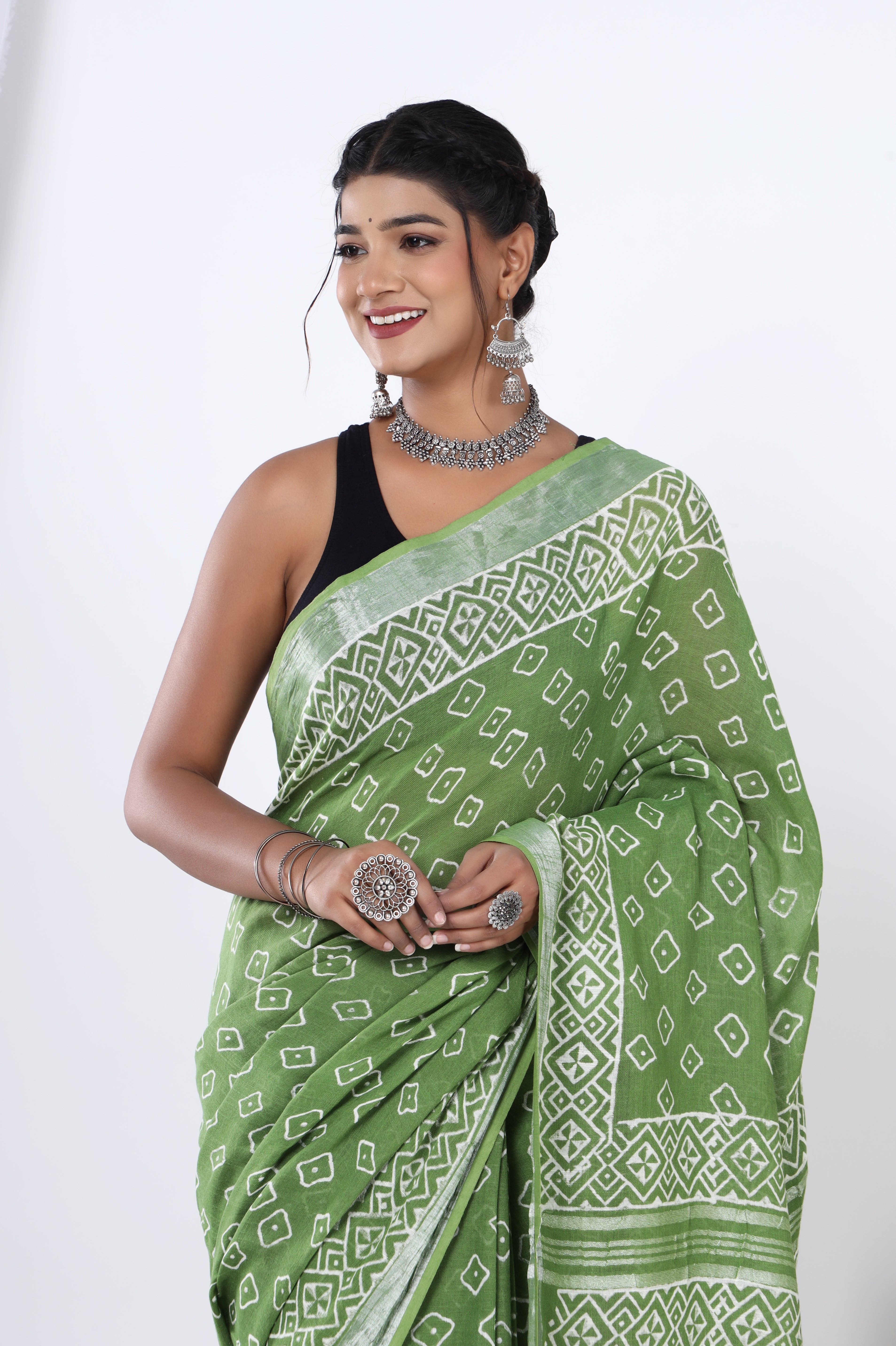 Spring Meadow: Linen Saree in Hand Block Jaipuri Dyed Discharge Print - Yellowish Green