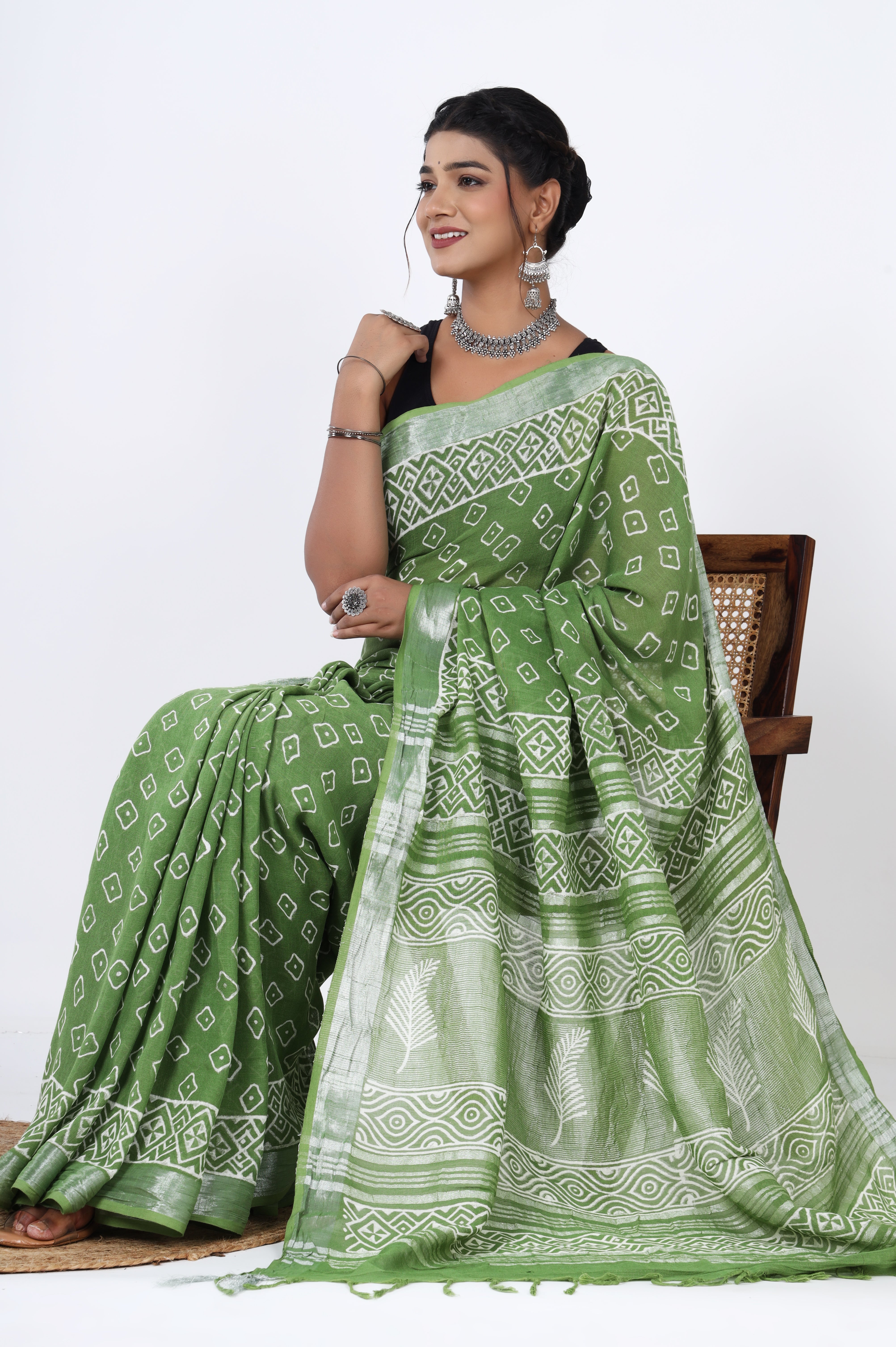 Spring Meadow: Linen Saree in Hand Block Jaipuri Dyed Discharge Print - Yellowish Green