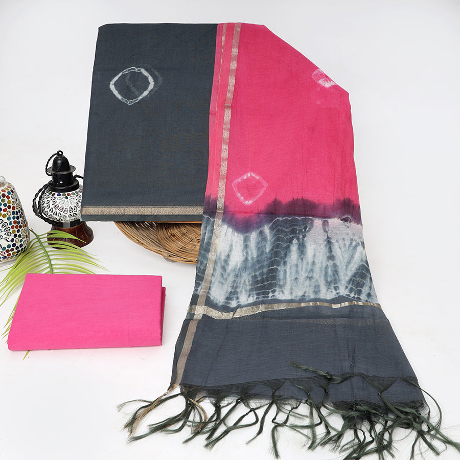 Grey & Pink Shibori Tie-Dye Chanderi Suit | Srishti Textile