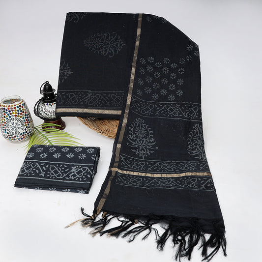 Black Jaipuri Floral Chanderi Suit Material | Srishti Textile