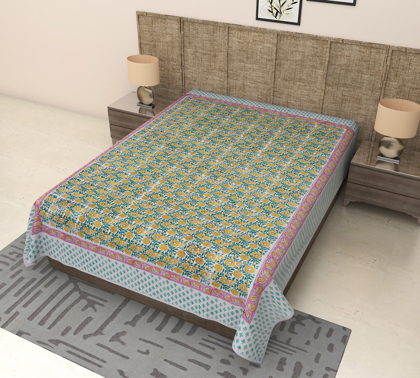 Srishti Textile's Jaipuri Greenish Floral Booti Handblock Printed Cotton Bedsheet by Hitesh Sharma