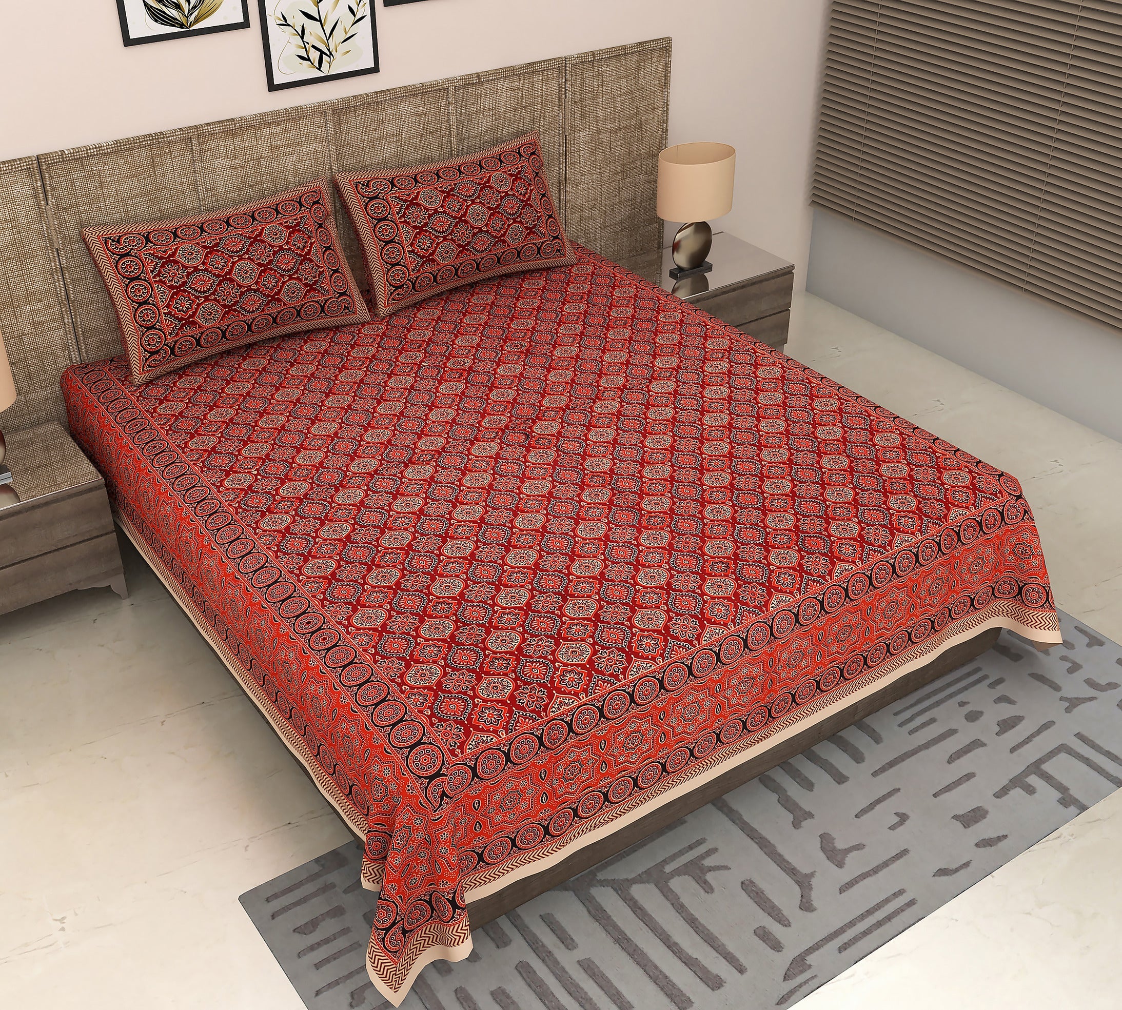 Maroon Mirage: King Size Ajrakh Geometric Printed Bedsheet