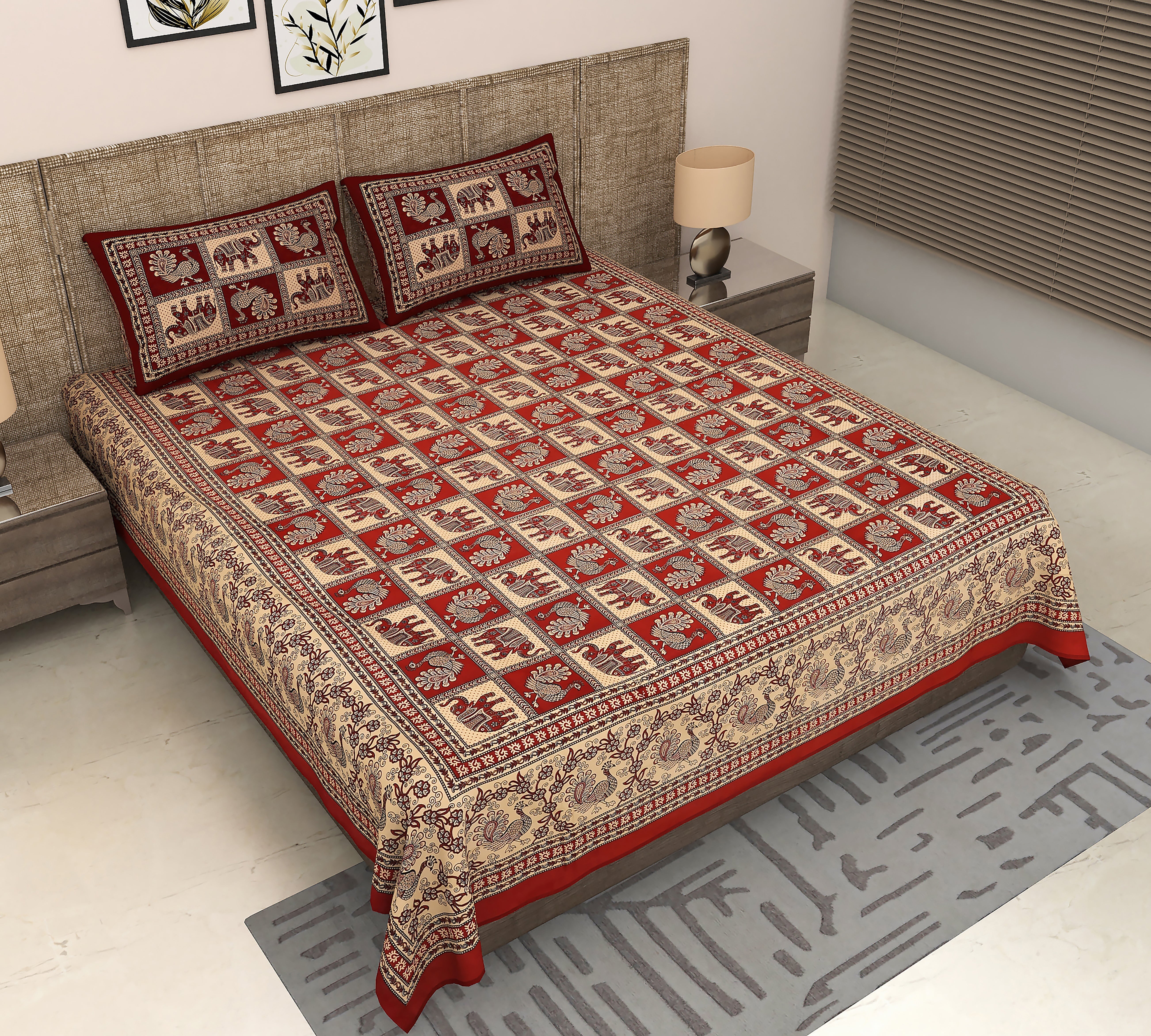 Royal Safari: Jaipuri Chokda King Size Bedsheet in Red with Elephant and Peacock Print