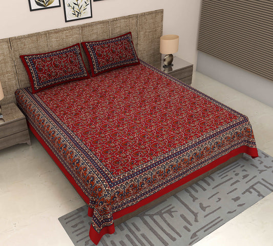 Jaipuri Blooms: King Size Red Kalamkari Floral Bedsheet