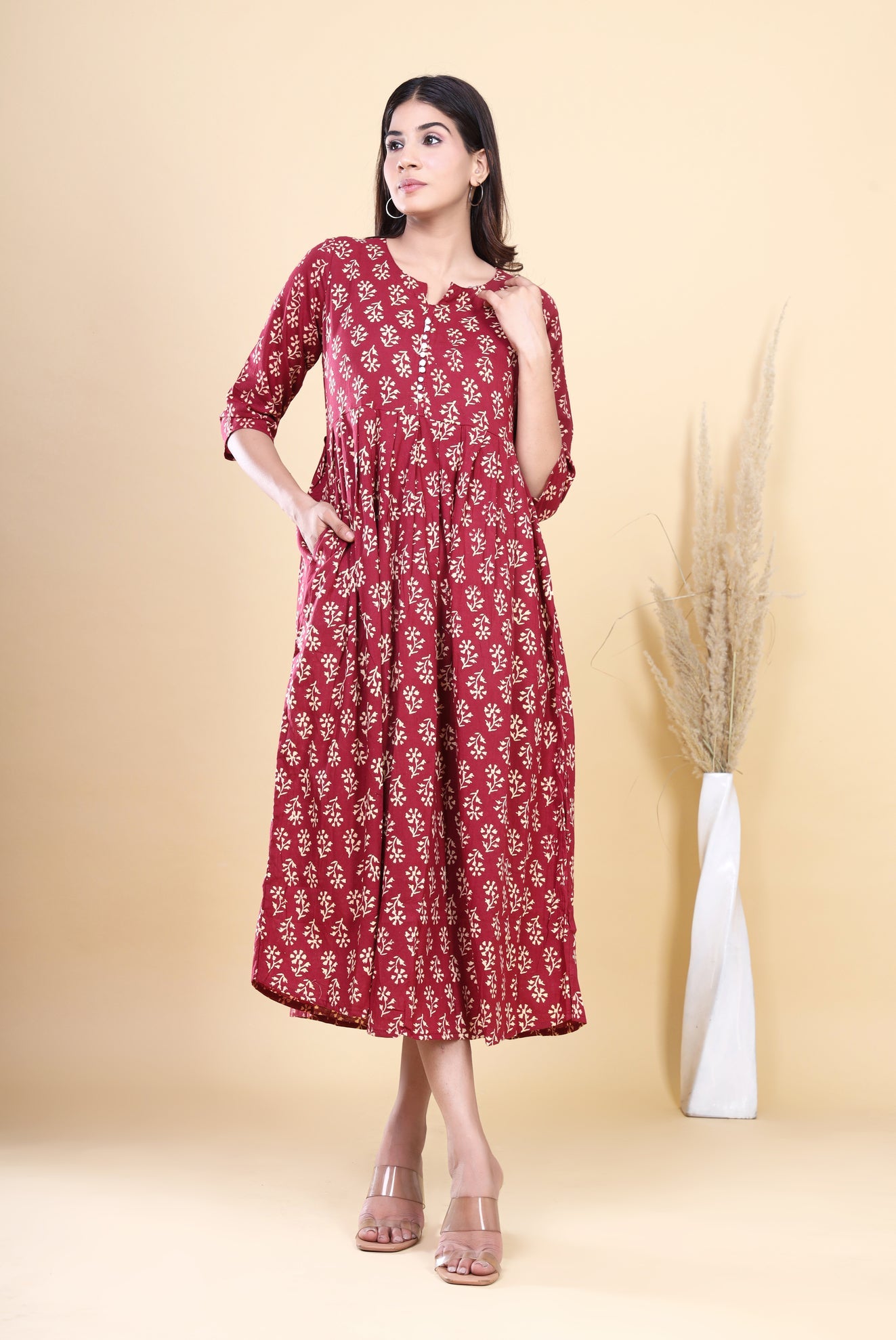 Maroon HandBlock Cotton Kurti: Jaipuri Floral Print with Booti Design and Pocket