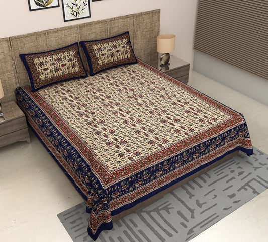 Royal Blue King Size Bedsheet with Traditional Tribal Animal and Human Prints