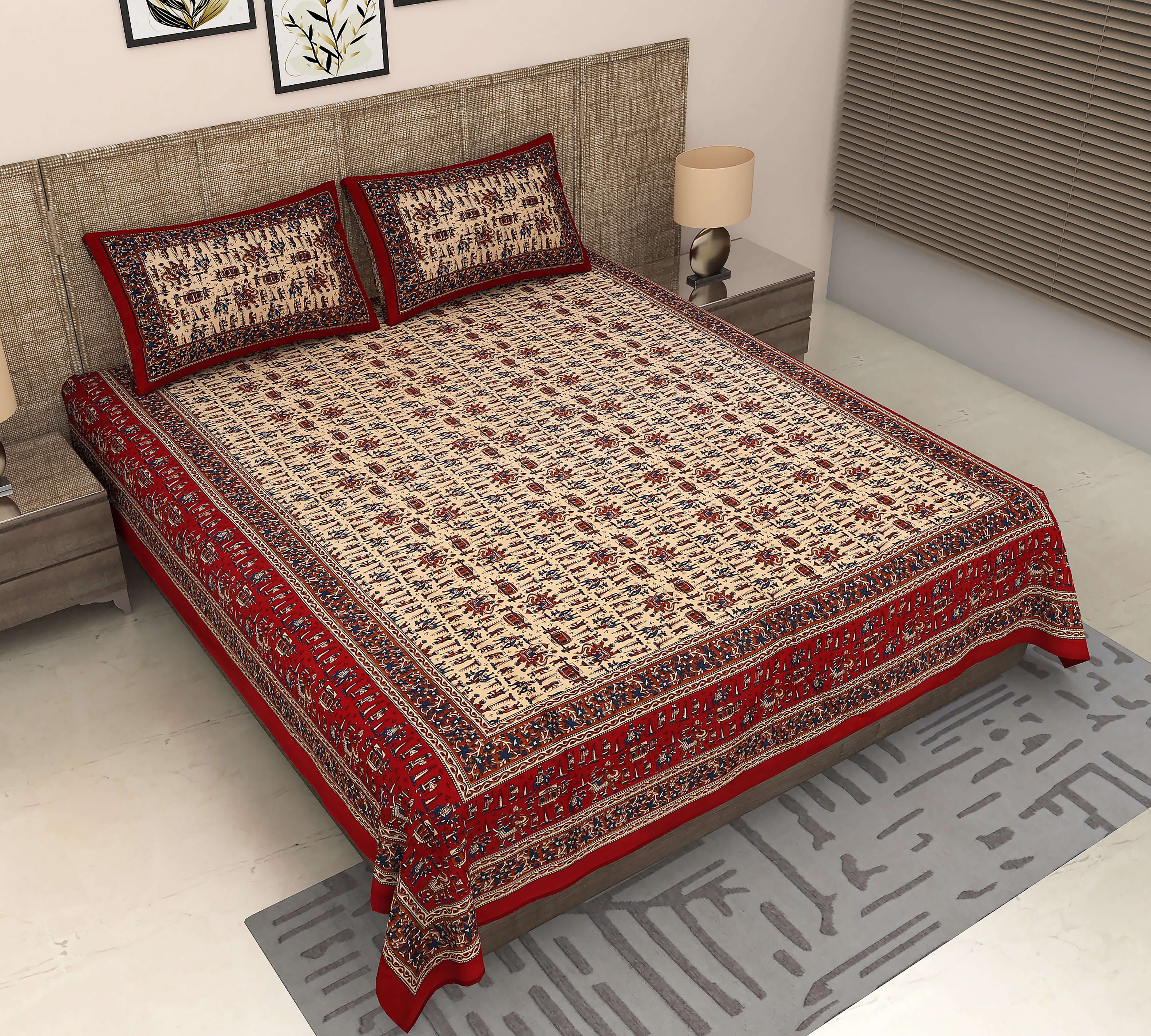 Regal Dreams: King Size Maroon Bedsheet with Tribal Human & Animal Prints