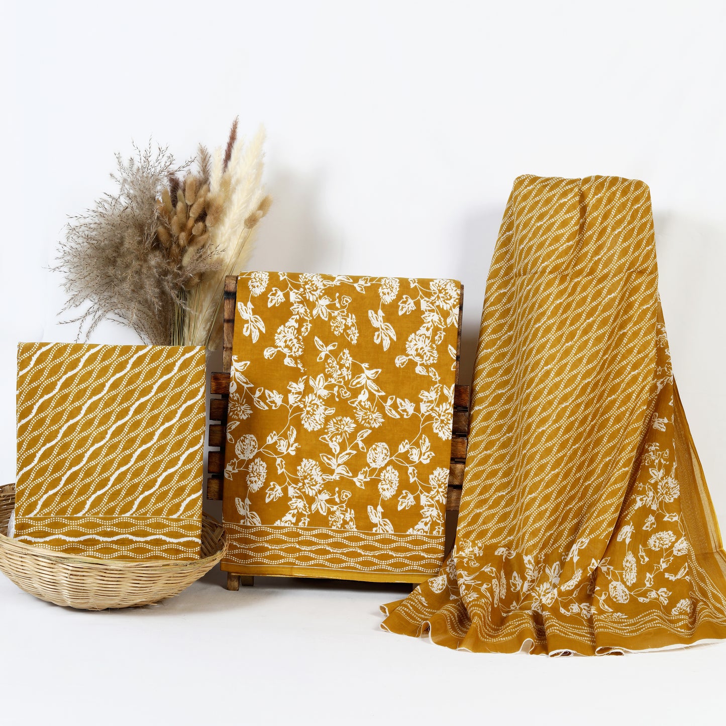 Mustard Yellow Handblock Print Cotton Suit Material with Mulmul Dupatta | 3-Piece Unstitched Set | Wholesale
